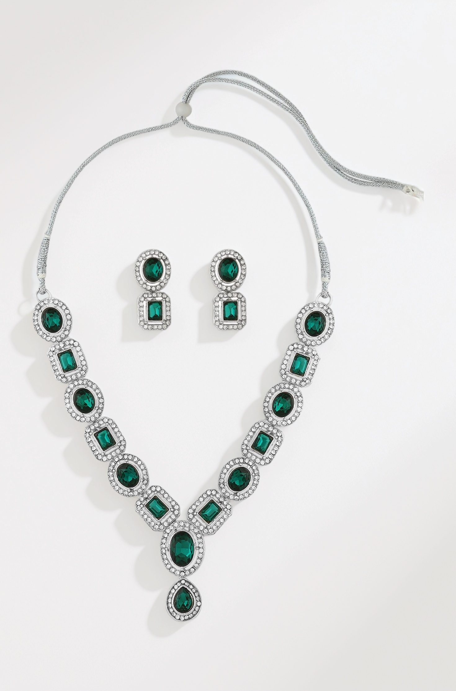 Green Stones & Dazzling Austrian Diamonds Embellished Necklace & Earring Set For Women-ZPFK17196