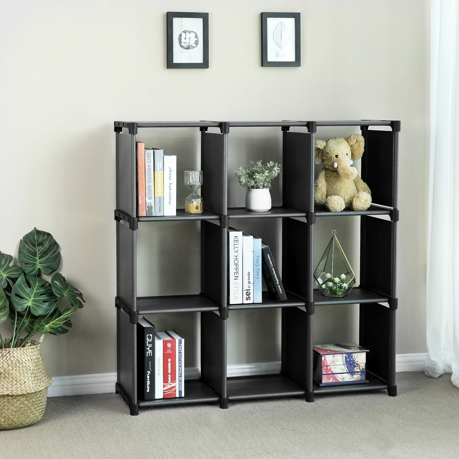 SONGMICS Aufbewahrungsregal mit 9 Fächern, offener Aufbewahrungsschrank, Bücherregal, Organizer für Wohnzimmer, Schwarz LSN45BK