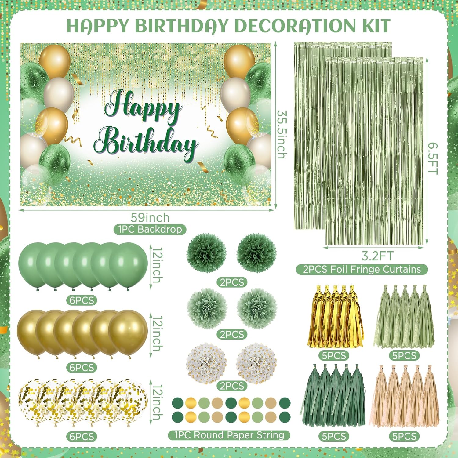 Green Gold Birthday Decorations for Women Girls, St Patricks Day Green Birthday Banner Fringe Curtain Balloons Tissue Paper Pompoms, Paper Tassel, Circle Garland Set for Girls Women Birthday Party ﻿ - Image 3