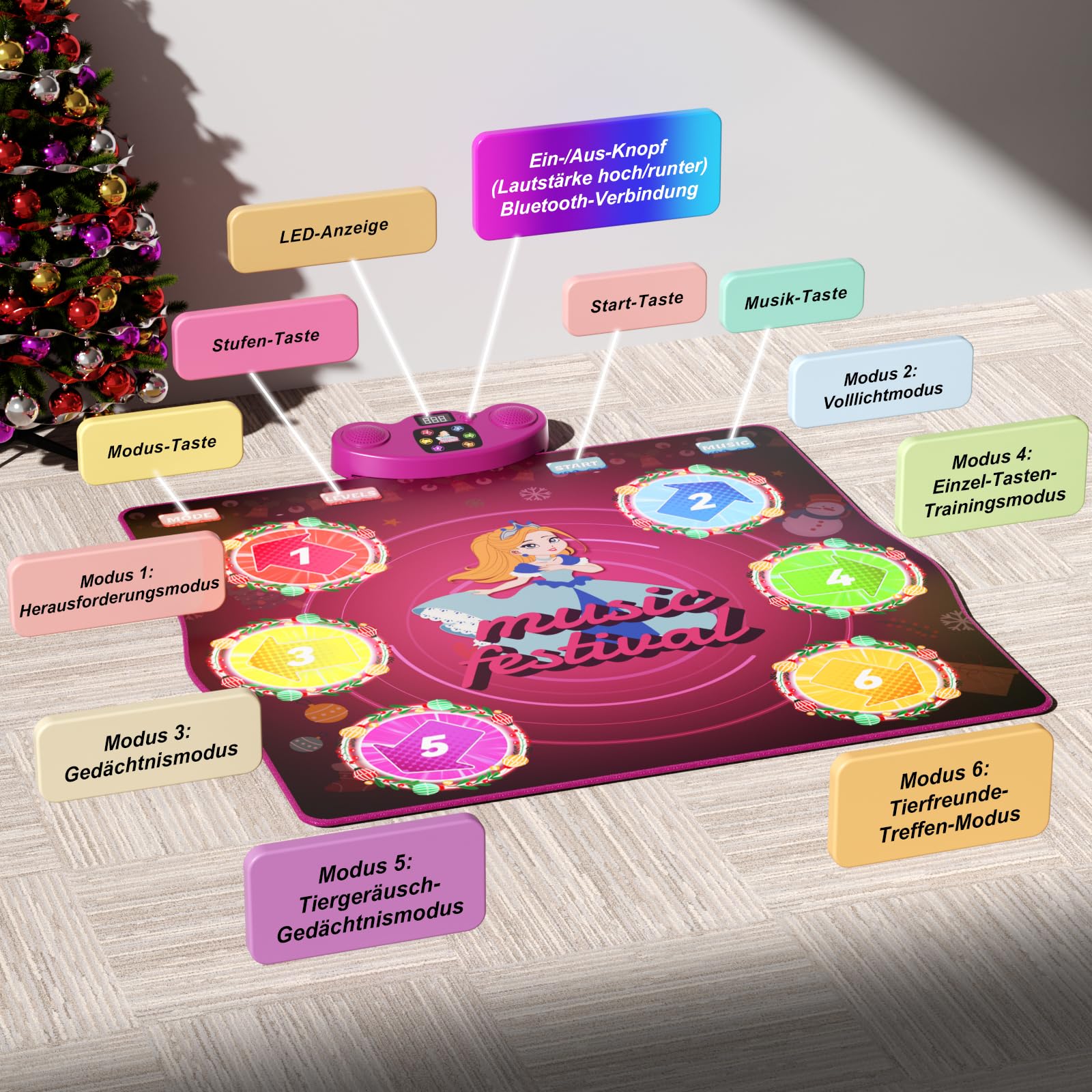 PLEGBLE Tanzmatte für Kinder ab 3 4 5 6 7 8 9 10 11 12 Jahre, Spielteppich Mädchen Spielzeug ab 3-12 Jahre, Geschenke Weihnachten, Type-C Anschluss für Stabile Stromversorgung, Bluetooth Musik, 6 Modi