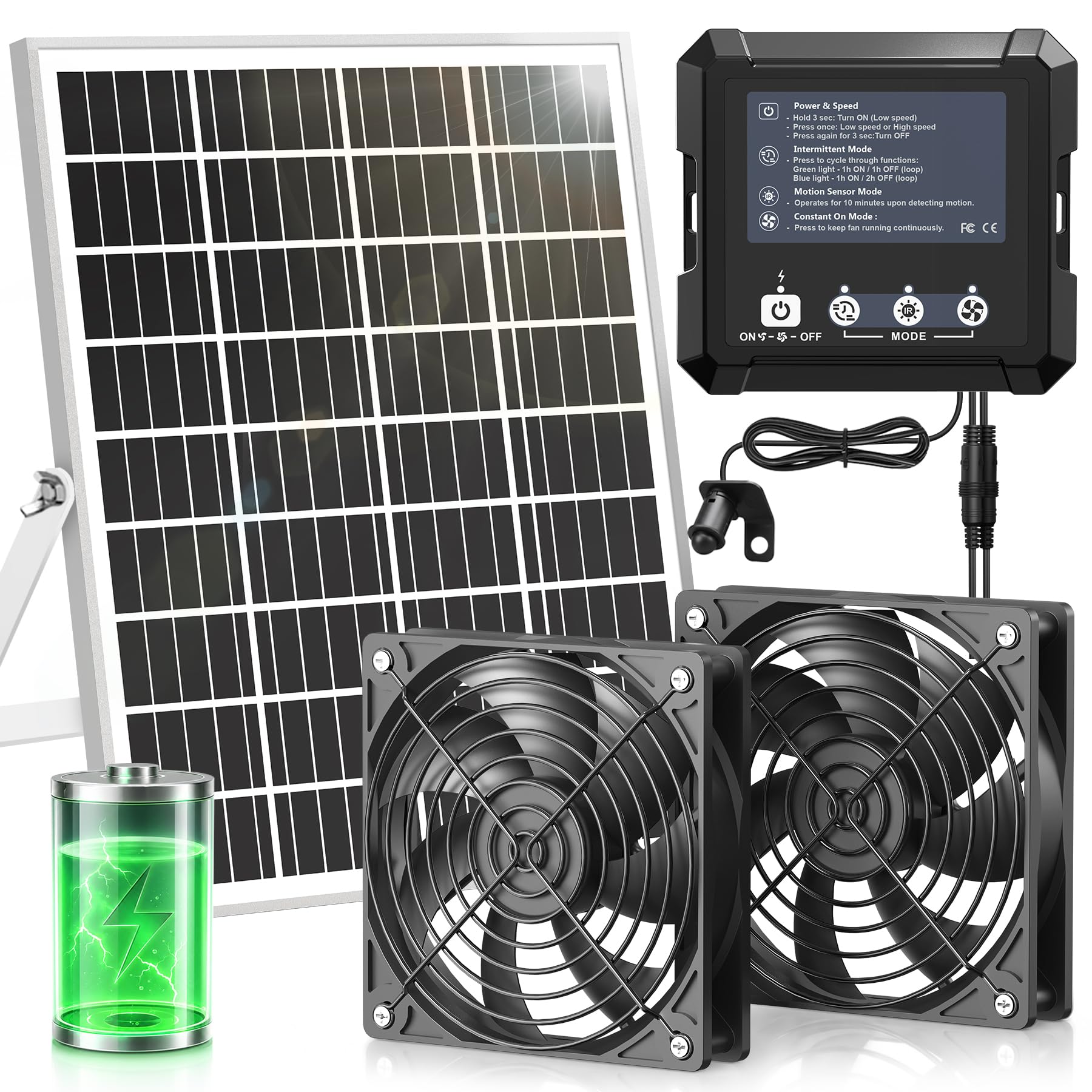 INNOLAND 25W Ventilador Solar para Gallinero con Batería de 7500 mAh | Ventilador Solar Exterior, 3 Modos Inteligentes con Sensor de Movimiento, Ventilador con Panel Solar para Cobertizo | Taller