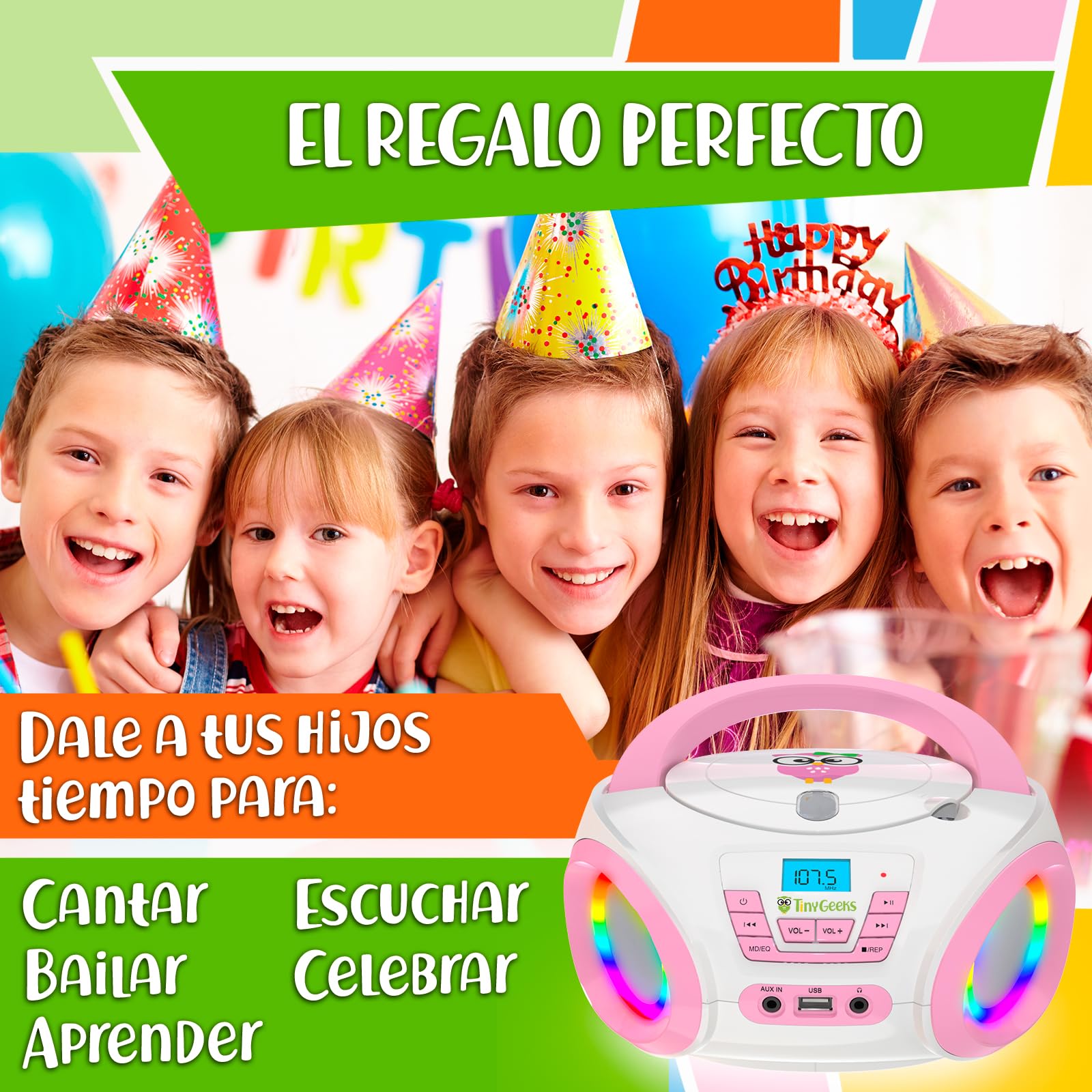 Tinygeeks Tunes Reproductor de CD para niños - Nuevo - Radio FM y baterías Incluidas - Radio CD con Altavoces, USB, AUX - El Regalo Ideal para niños y niñas - Rosa