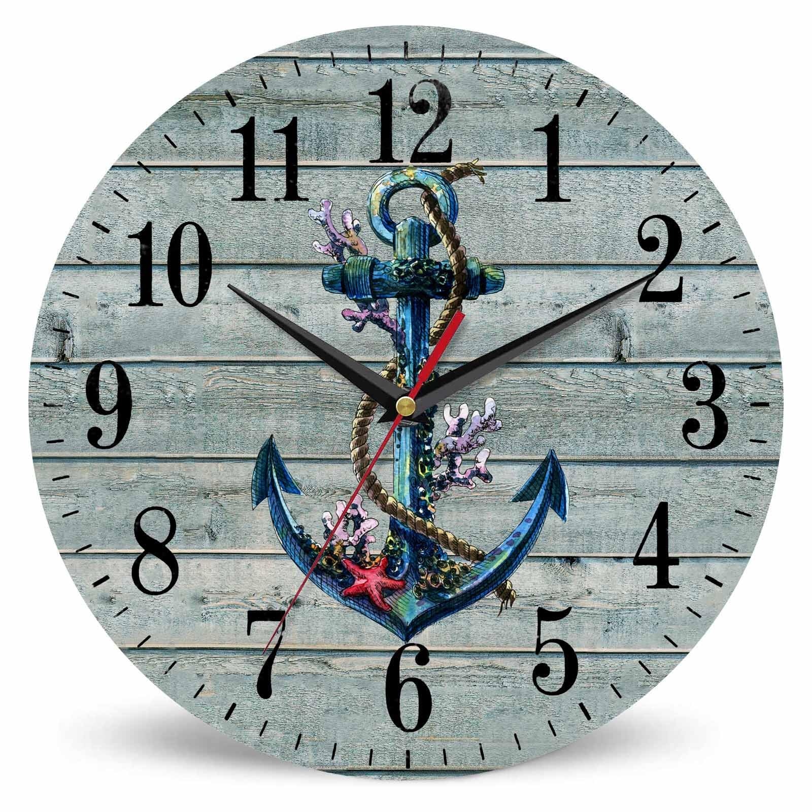 Mxocom Vintage Anchor Wall Clock Art Nautical Shell Coral Retro Green Board 10 Inch Silent Non Ticking Battery Operated Clock Vintage Round Clock for