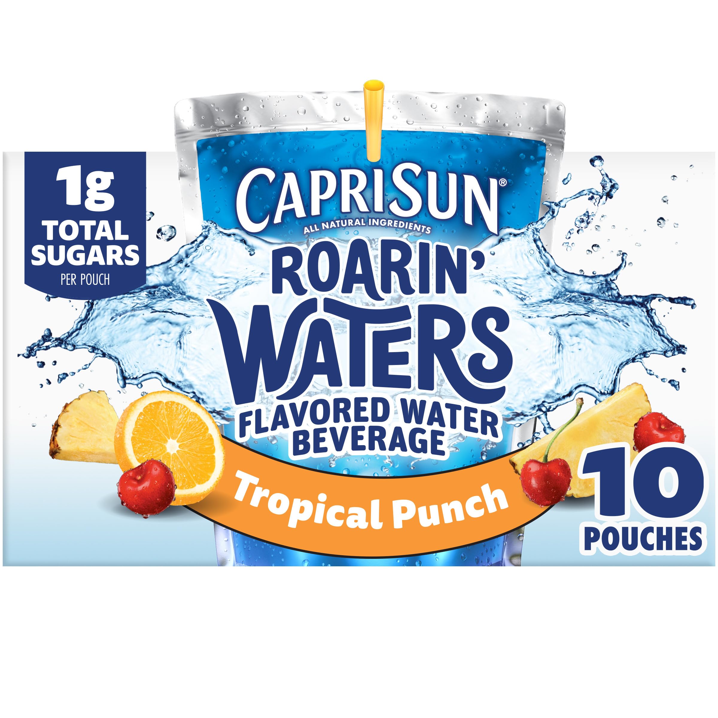 Capri Sun Roarin' Waters Tropical Punch Flavored with other natural flavor Water Beverage, 10 ct Box, 6 fl oz Drink Pouches