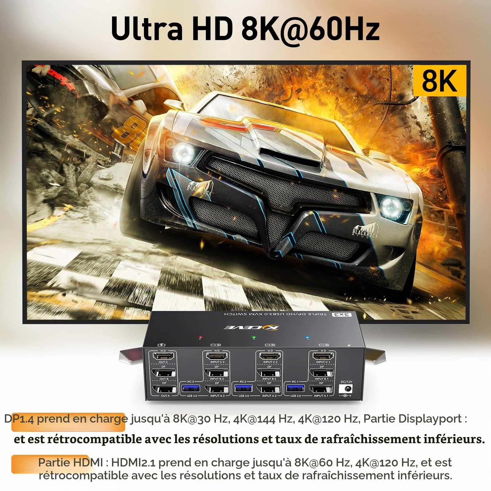 Commutateur KVM 3 moniteurs 3 PC, Displayport HDMI USB 3.0 Commutateur KVM pour deux écrans, prend en charge 4K @ 60 Hz pour 3 ordinateurs