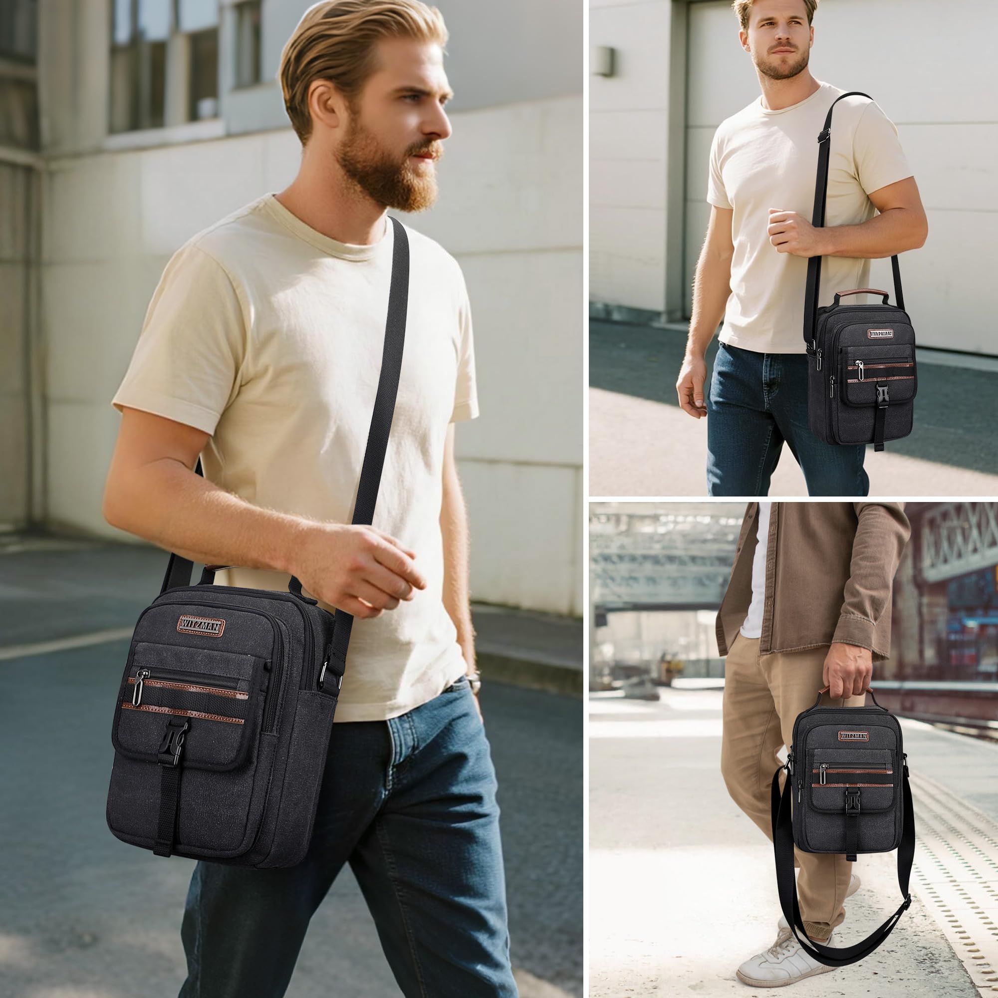 WITZMAN Umhängetasche Herren Canvas Schultertasche Herren Tasche Umhängen Vintage Fit 11 iPad Messenger Bag Herrenhandtasche für Reisen