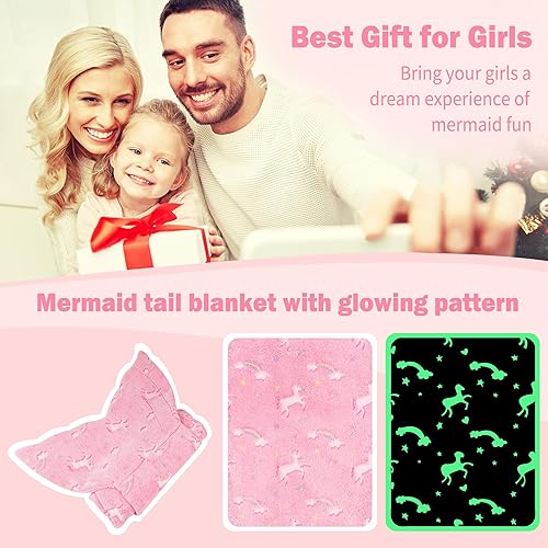 Miniatura 6 de Viviland Manta de cola de sirena para niños, mantas de cola de sirena que brillan en la oscuridad, manta de sirena de franela, regalos para niñas,