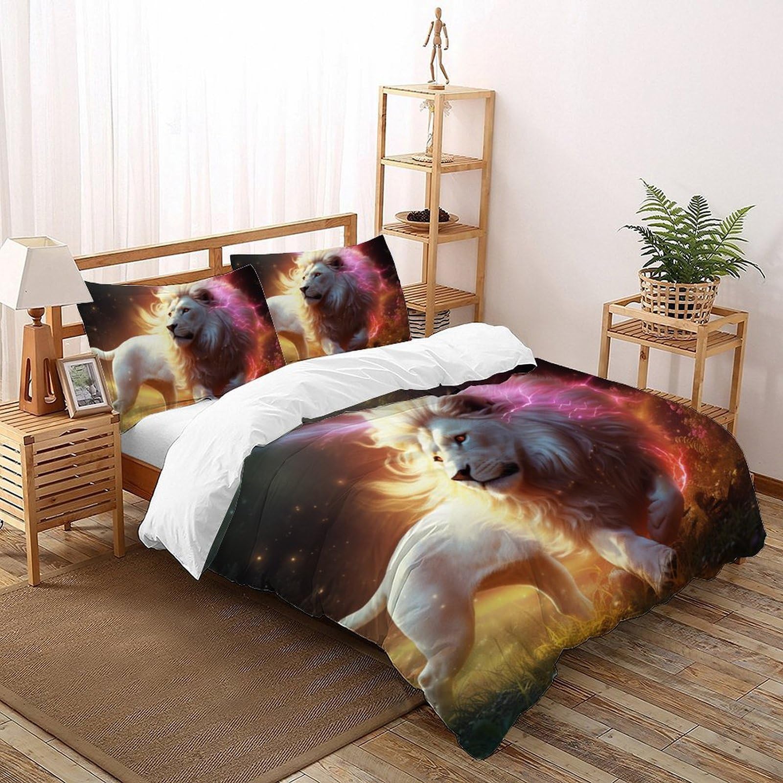 Housse de couette 3 pièces pour lit enfant motif lion blanc 3D 220x240cm avec taies