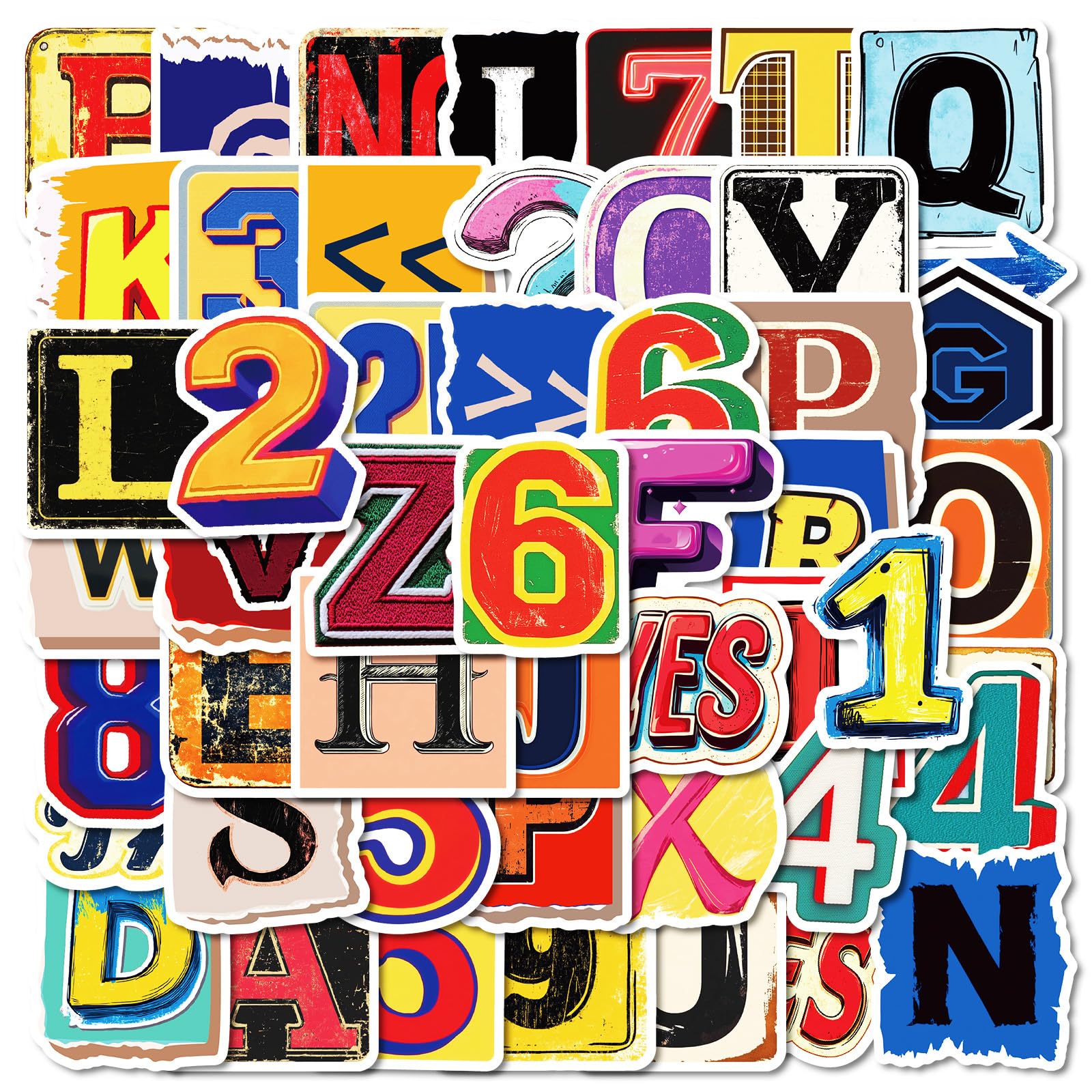 Tuyatezhi 50 Pcs Retro English Alphabet Stickers, Multicolor Vinyl, Waterproof, Sun Protection, Alphabet Letter Stickers for Bicycle, Skateboard, Laptop, Water Bottles, Wall, Graffiti