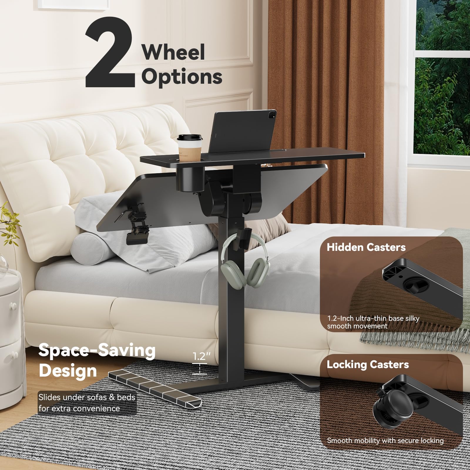 28Inch Rolling Standing Desk On Wheels Small Computer Workstation Adjustable Height Mobile Laptop Stand with Tiltable Desktop 2-Tier — view 7