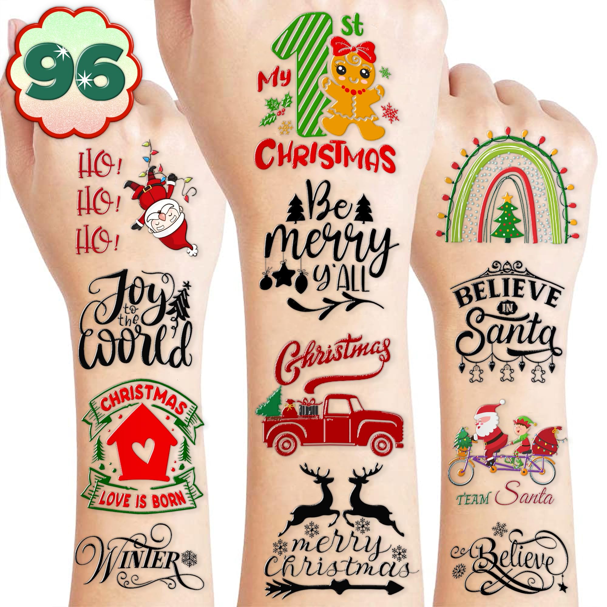 100PCS Cute Temporary Tattoos - Christmas Bless Saying, Inspired Holiday Letter Greeting Stickers for Adults & Kids