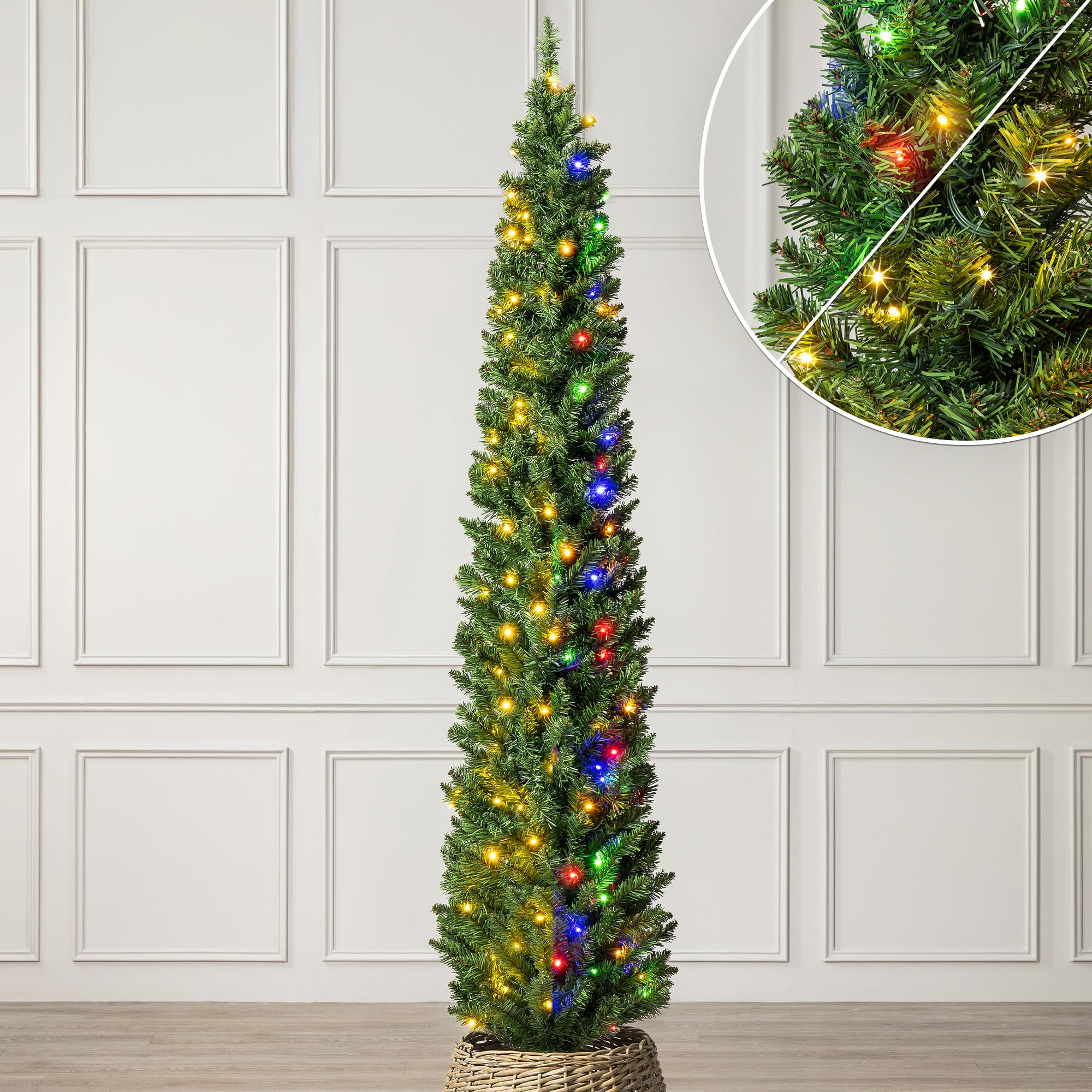 Christow Pre-Lit Pencil Christmas Tree 7ft with Dual-Colour ED Lights (Switch from Warm White to Multi-Coloured), Slim Shape with Bushy PVC Tips, 11 Modes – Colour Changing, Timer, 53cm Diameter