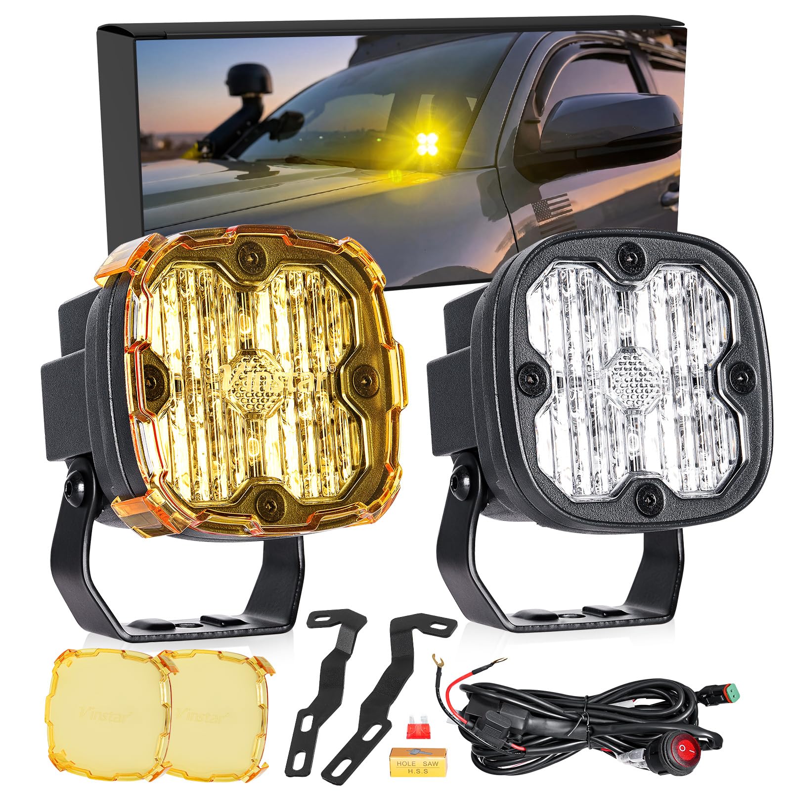 R&F Auto Cube Ditch Lights Kit for 2016-2023 Tacoma; 3 Inch LED Ditch Light Bar Offroad Work Lighting with White/Yellow Pod Mount Bracket Wiring