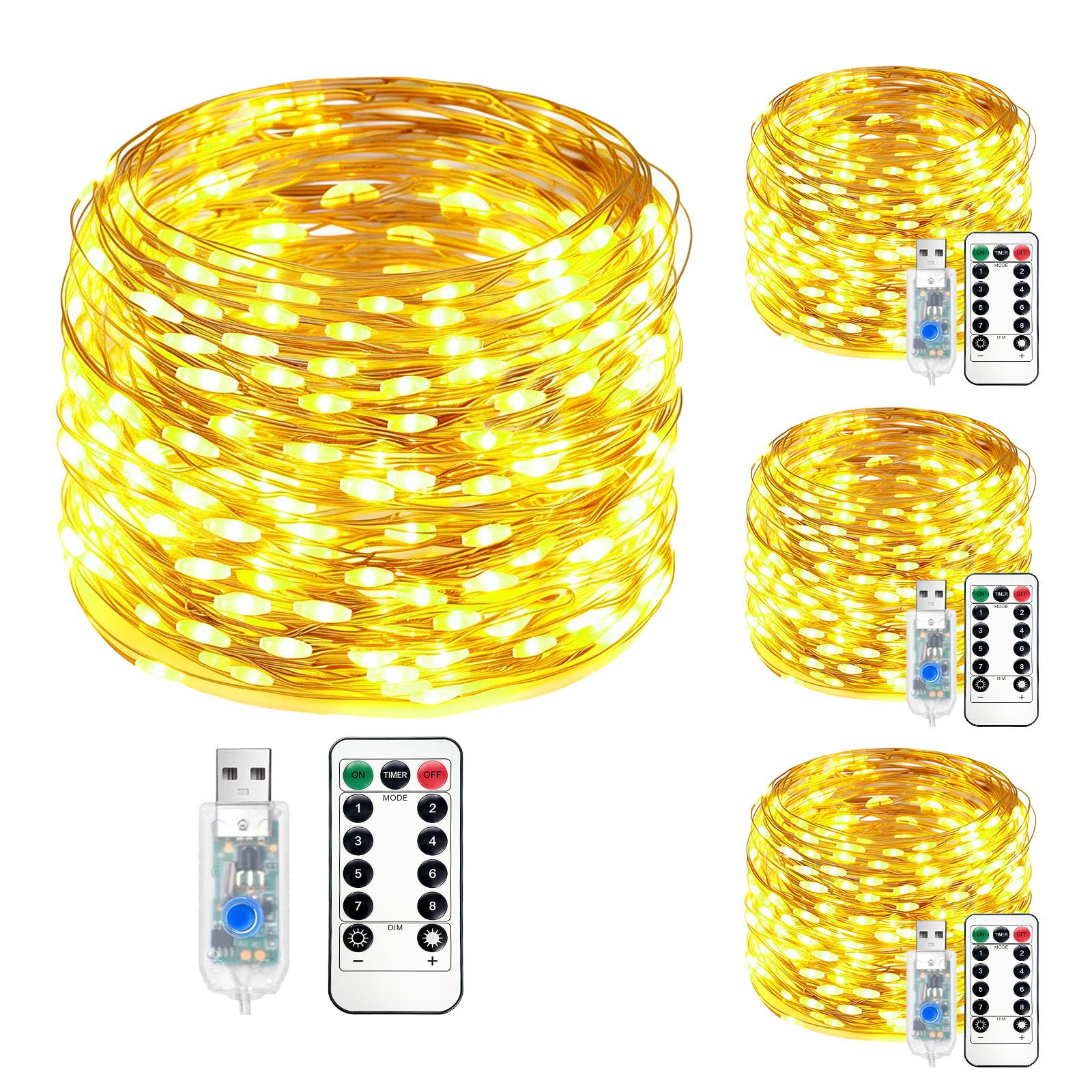 Stringa Luci LED, 4x10M 100LED Catene Luminose con USB Alimentata con Telecomando, 8 Modalità Impermeabile Decorative Luminosa per Giardino, Natale, Feste, Matrimonio(Bianco Caldo)