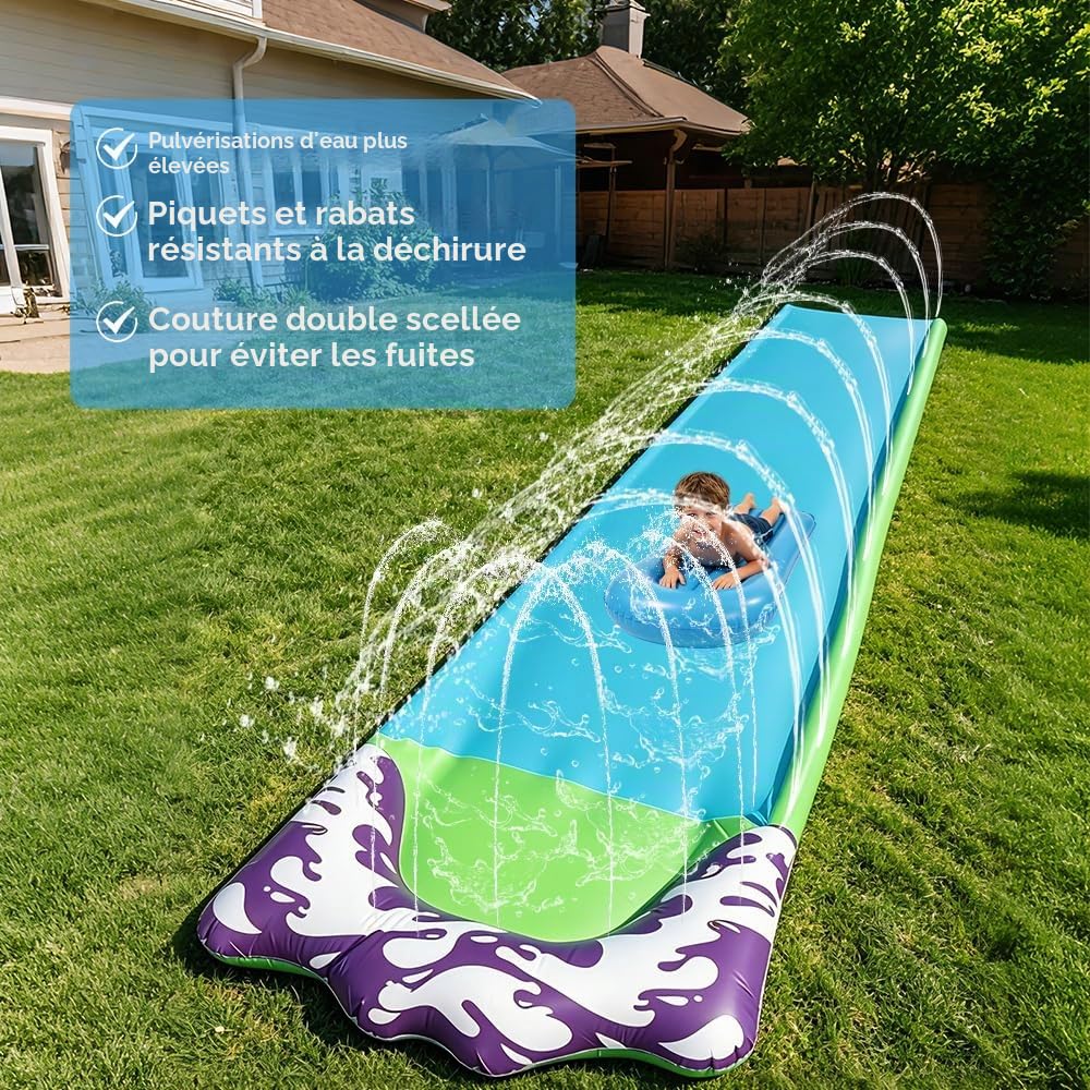 15.8 ft/480 Toboggan Aquatique, Toboggan pour Pelouse avec 2 bodyboards, Toboggan de pelouse d'été avec arroseur intégré pour Jeux d'eau en Extérieur, Fête D'été, Jardin Pelouse (Bleu)