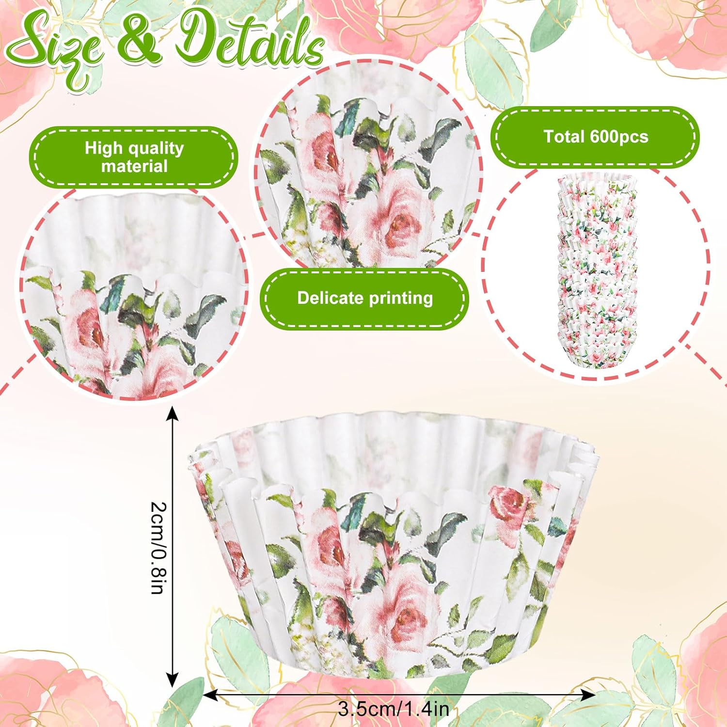 FYSUIMU 600Pcs Mini Pink Flower Cupcake Liners Spring Floral Baking Cups Muffin Cupcake Wrappers for Spring Wedding Bridal Shower Birthday Tea Party Decor