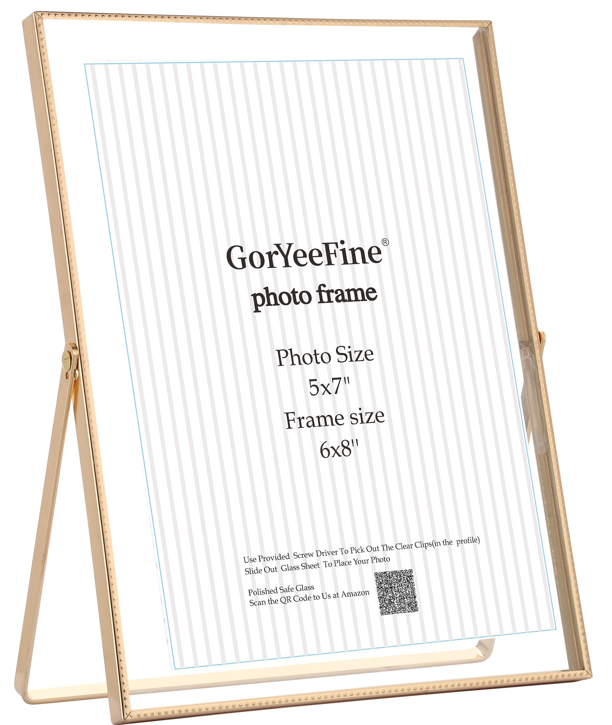 Gold 6x8'' Floating Frame,for Photo Sizes(3.5x5'',4x6'',5x7''),Beautiful Metal Beaded Edge Frames,Adjustable Tabletop/Shelf Photo Frame, Classy Gift Choice for Weddings or Christmas