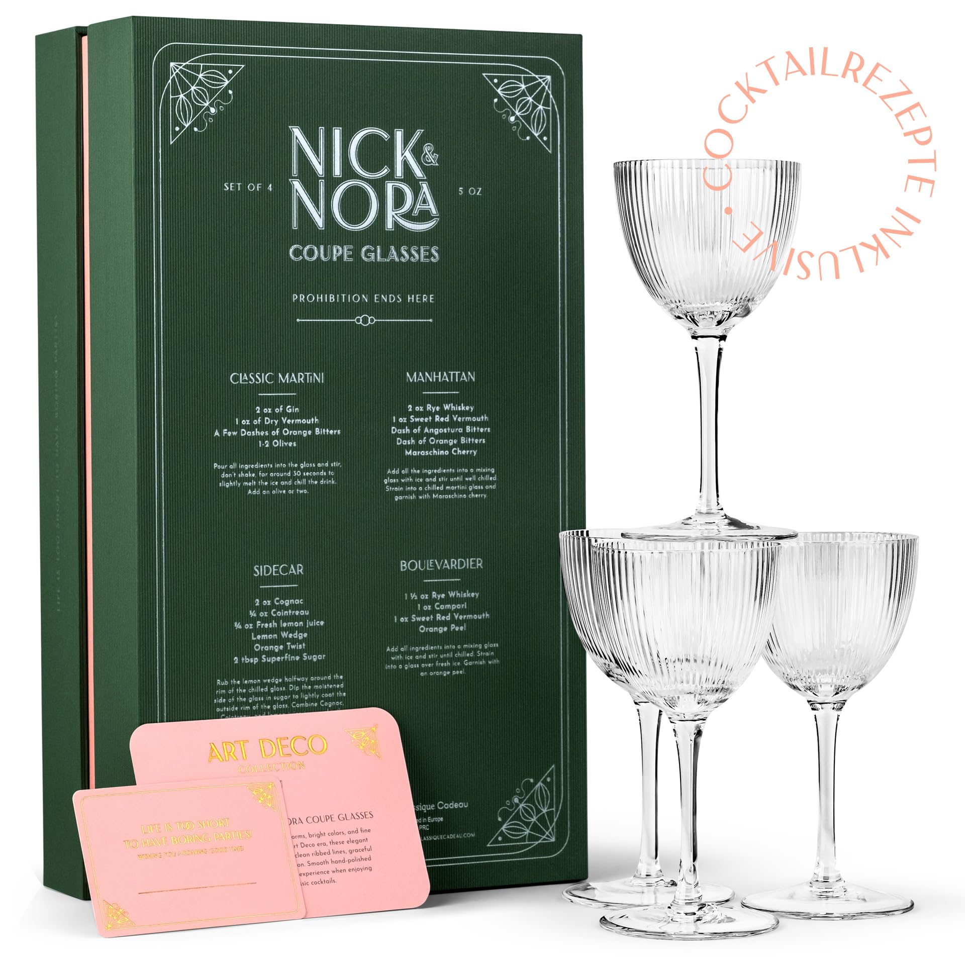 GLASSIQUE CADEAU Vintage Art Deco Nick Nora Coupe Gläser | 4er Set | 150 ml Kristall Gerippte Retro Cocktailgläser mit Stiel für Klassische Gin Cocktails