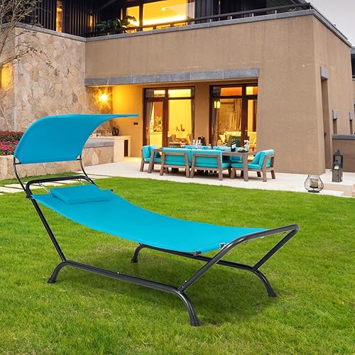Miniatura 8 de Tangkula Hamaca con soporte incluido, hamaca resistente para exteriores con toldo ajustable, soporte de metal a prueba de óxido, almohada, bolsillo