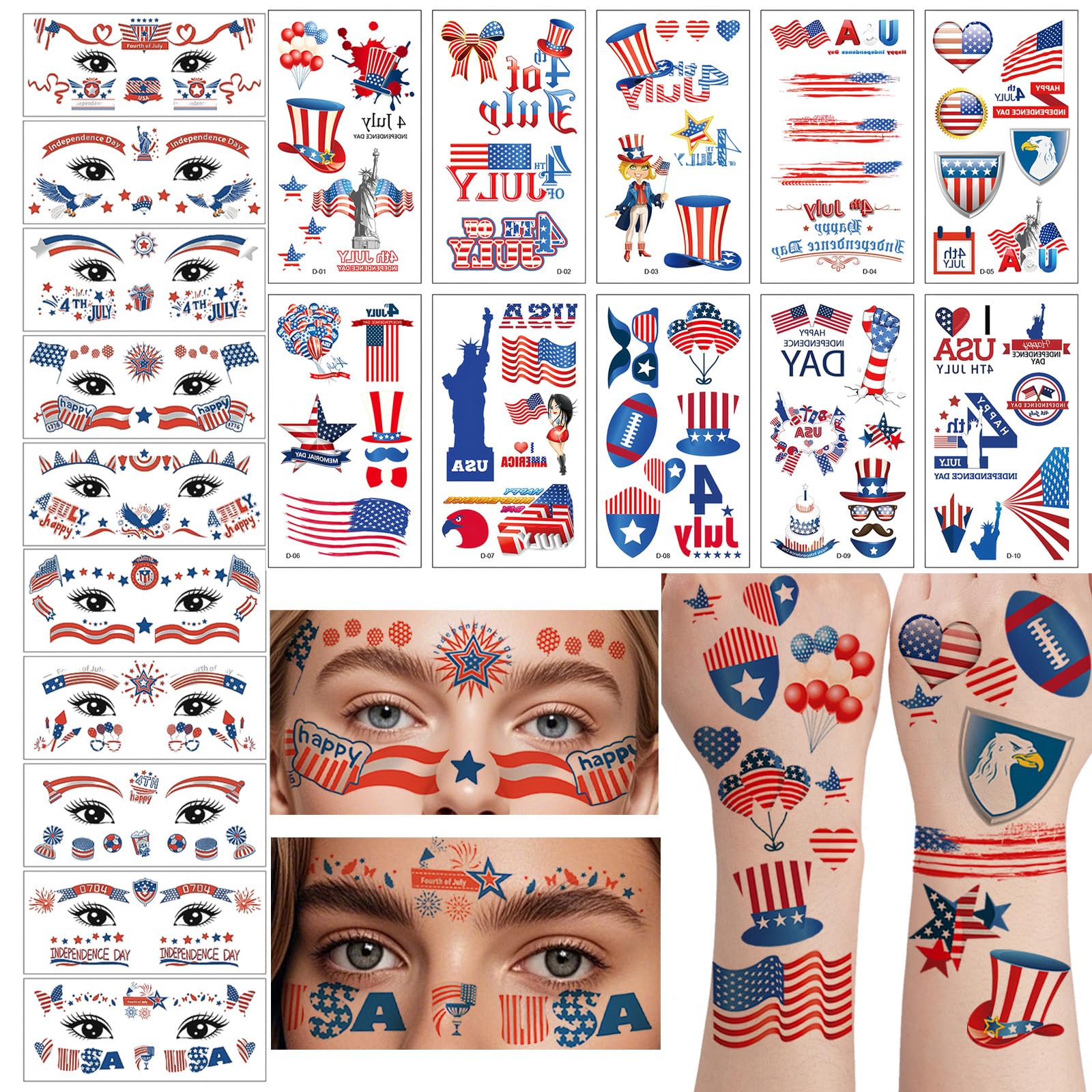 20 Sheets 4th of July Tattoos Decorations Independence Day Face Body Temporary Tattoo Stickers Waterproof Red Blue White Fourth of July Outfit