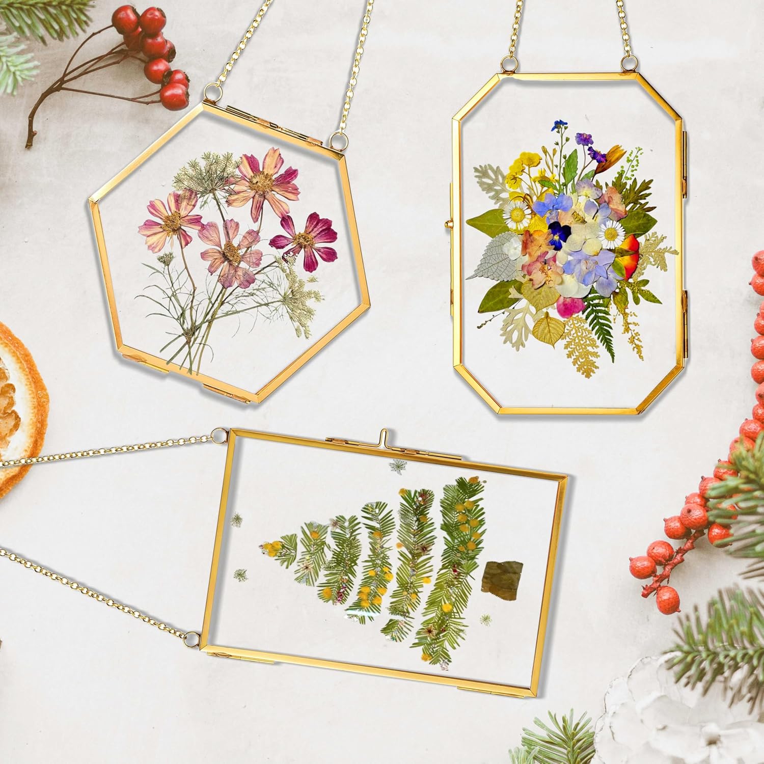 IcosaMro 3 Pack Double Glass Frame for Pressed Flowers 4"x 6" Adult Craft Kits with Brass Glass Frames & 4 Sheets Pressed Flower, Window Hanging Wall Decor Frame for Dried Flowers Leaves Plants