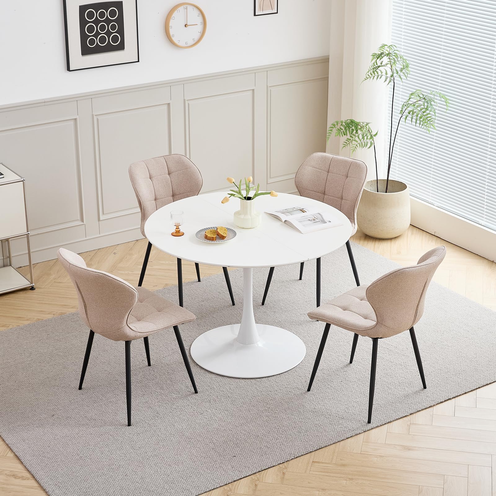 GrandCA HOME Set di 4 Sedie da Pranzo Imbottite in Lino con Schienale e Gambe in Metallo Nero, Sedia da Soggiorno per Cucina, Sala da Pranzo, Camera da Letto - Cachi