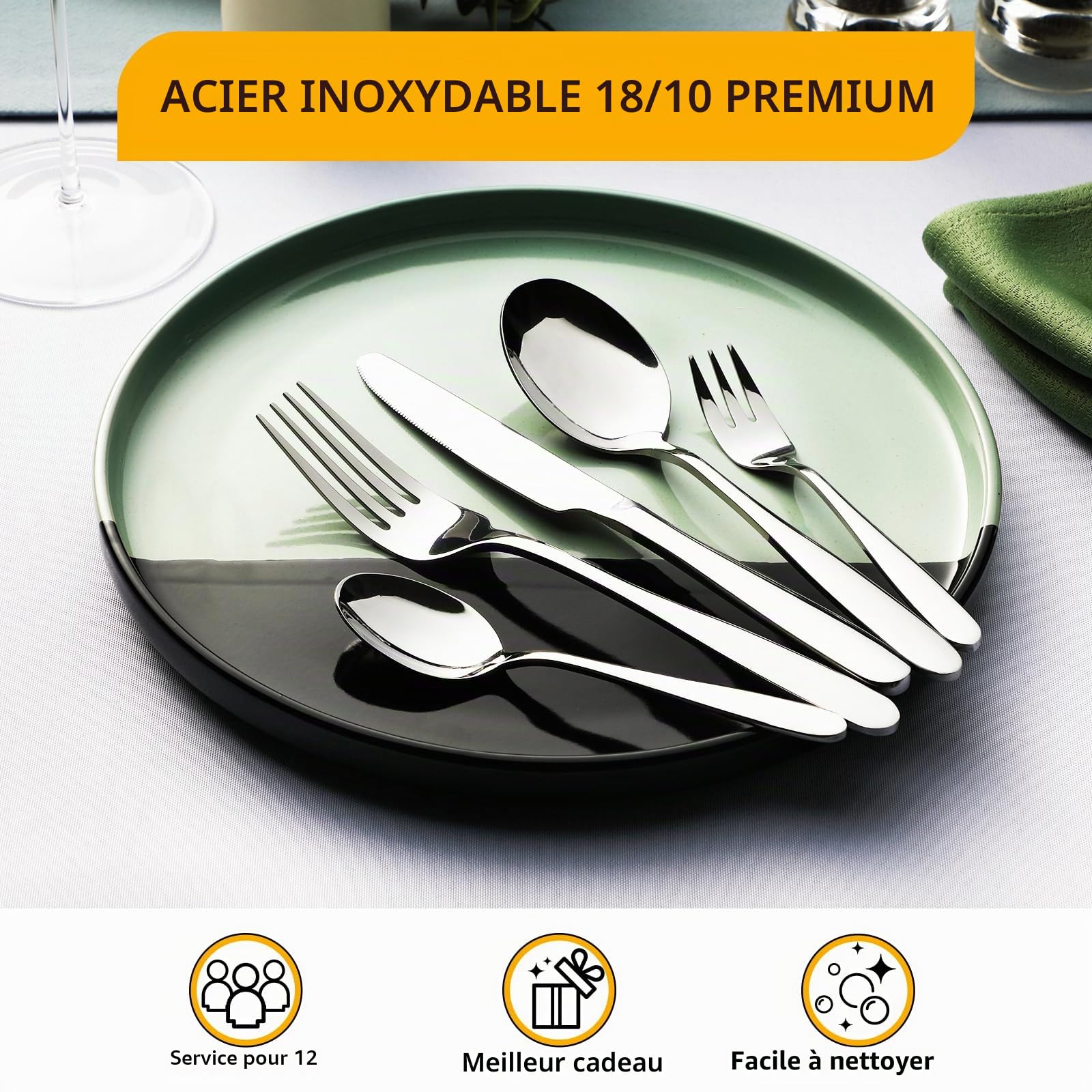 Velaze Ensemble Couverts de Table, Ménagère de 60 Pièces en Acier Inoxydable pour 12 Personnes, Ménagère Assortie Poli Miroir, Idéal comme Cadeau