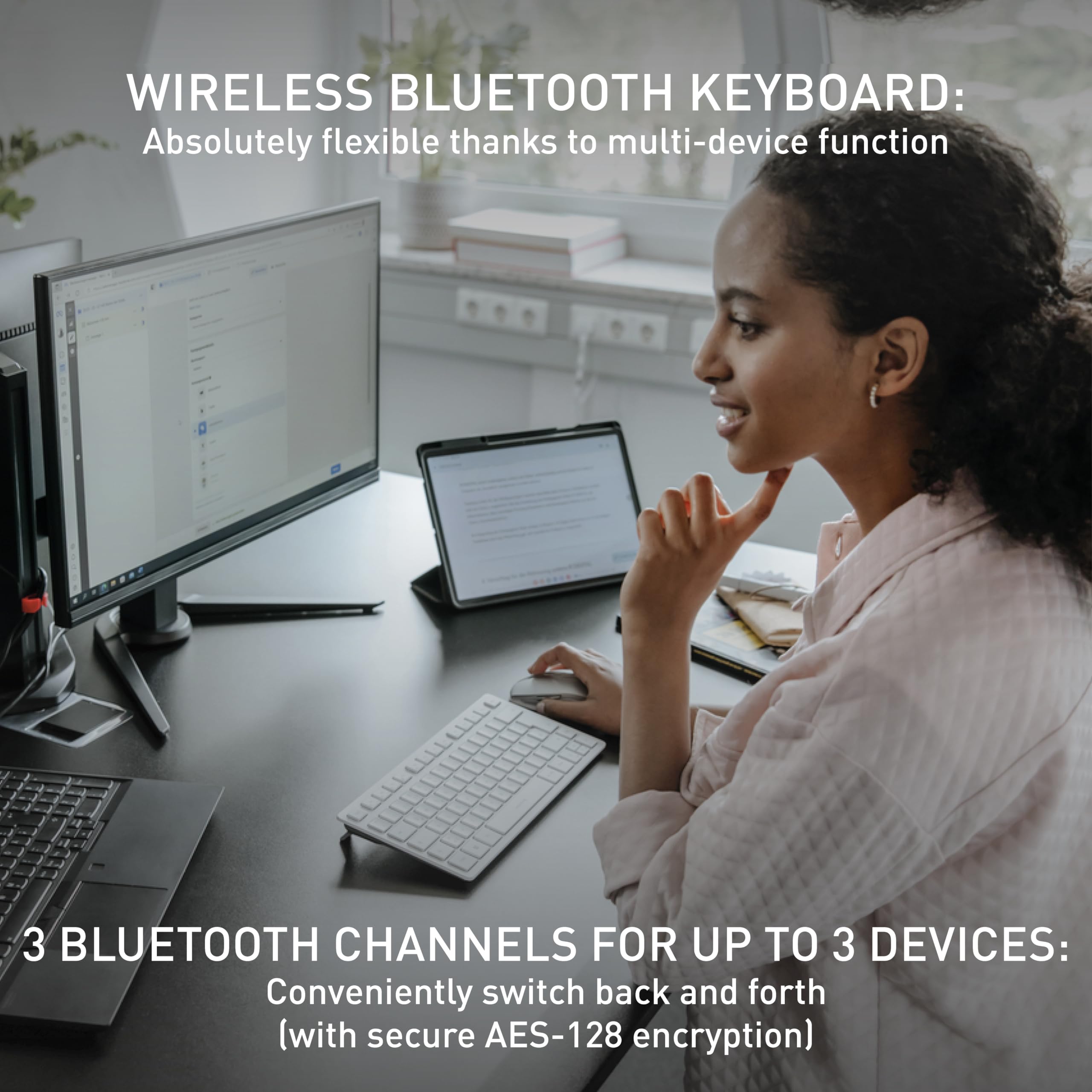 CHERRY KW 7100 MINI BT, Kompaktowa Klawiatura Do Wielu Urządzeń z 3 Kanałami Bluetooth, Układ US-International (QWERTY), Płaska Konstrukcja, z Futerałem, Slate Blue