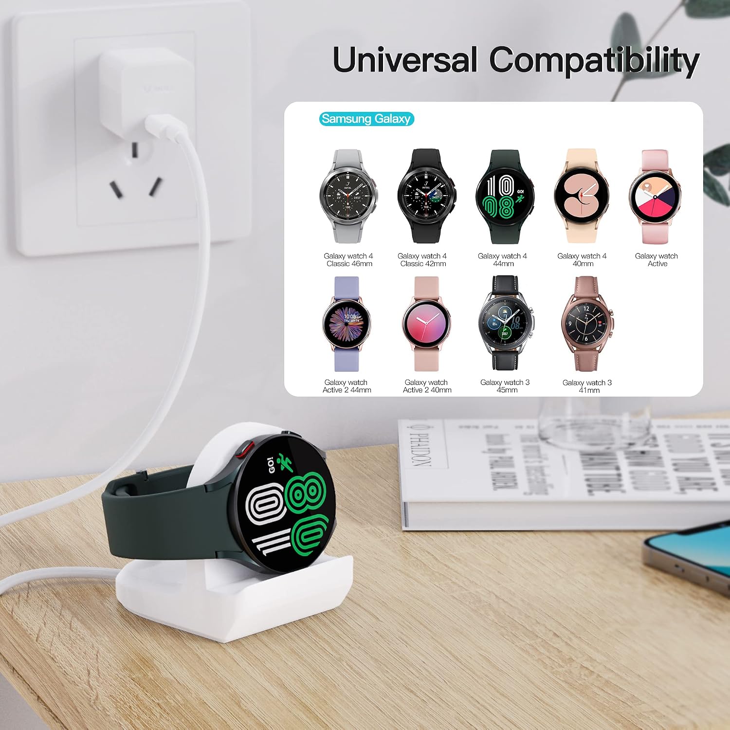 AWINNER Compact Stand Compatible with Samsung Galaxy Watch 4 44mm/Classic 46mm/Watch 3 41mm 45mm/Active 2 40mm 44mm/Active 40mm-Nightstand Mode-Support Charger Bracket Integrated Cable Management Slot