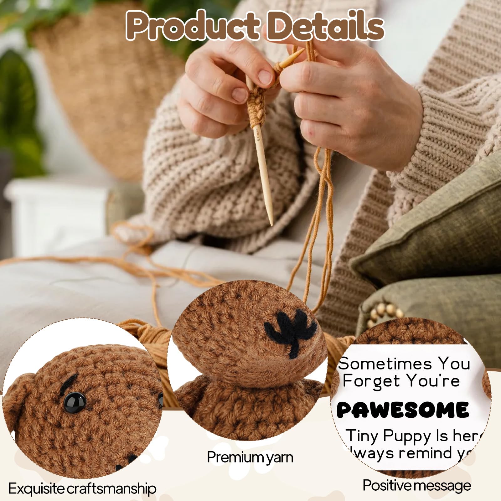 Qubitly Positive Crochet Teckel, Brown Handmade Weiner Dog, Yarn & Cotton Stuffed Animal, Positive Crochet Animals - Image 2