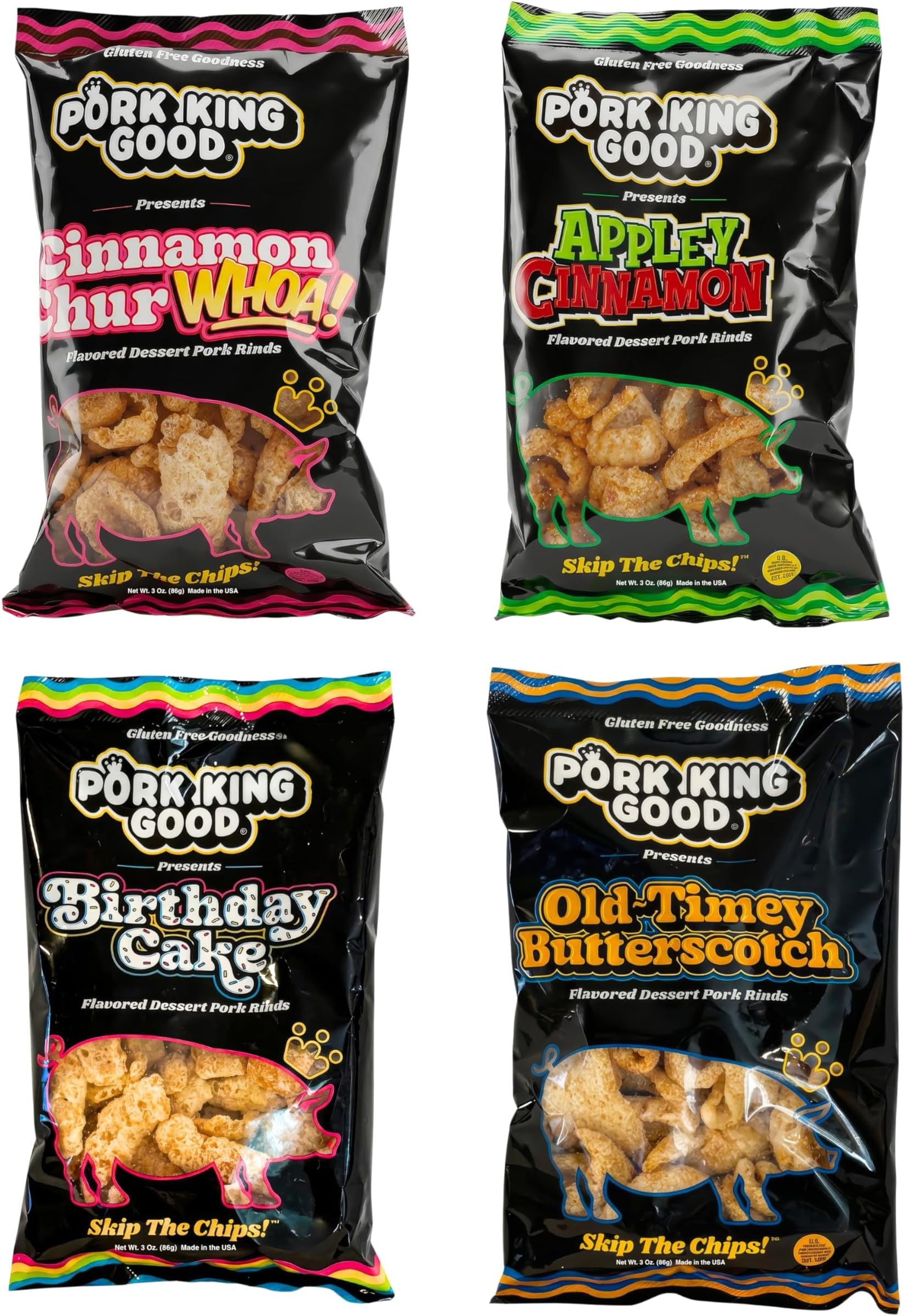 4 Bag Variety Pack of Sweet & Salty Dessert Flavored Pork Rinds - 3 oz (Variety 4 Pack) Gluten Free Snacks