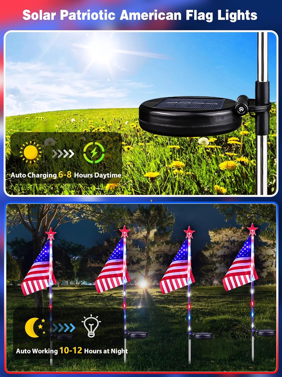 8 Pack American Flag Solar Lights Outdoor, 4th of July Decorations with 2 Modes, Waterproof Solar Flag Patriotic Lights for Yard, Garden, Pathway, Independence Day, Memorial Day (Red White and Blue)