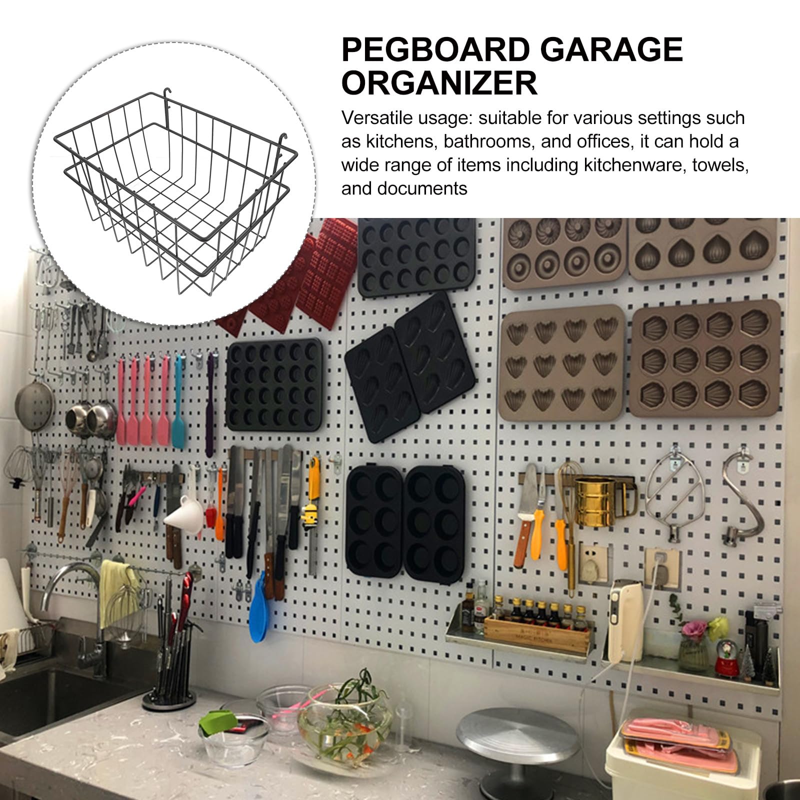 Cestas de Almacenamiento para Panel Perforado sin Taladro Organizador Metálico Negro Grande Cesta de Hierro para Garaje Cocina y Oficina Accesorios para Rack de Pared