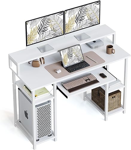 CubiCubi Escritorio para computadora de 47 pulgadas con estantes de almacenamiento, soporte para monitor, bandeja para teclado, escritorio de