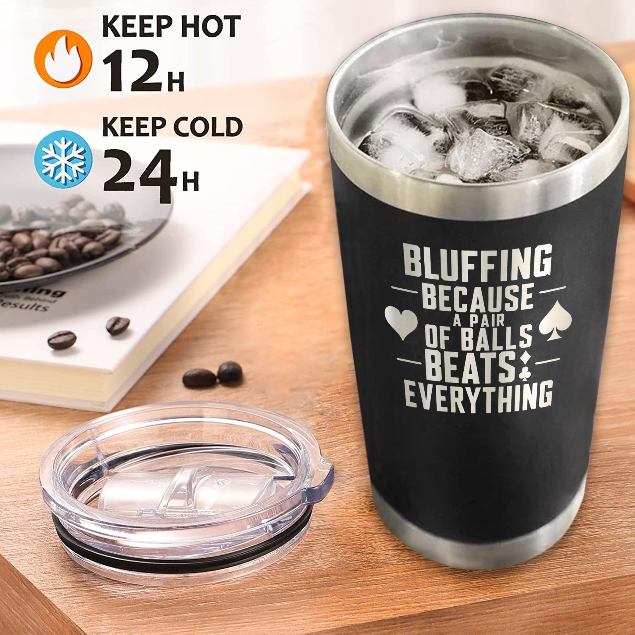Bluffing Because A Pair Of Balls Beats Everything - Bluffing Tumbler - Engraved Stainless Steel Poker Tumbler - Funny Adult Humor Gift - Funny Poker Mug - Poker Gift For Him, 20oz, Black