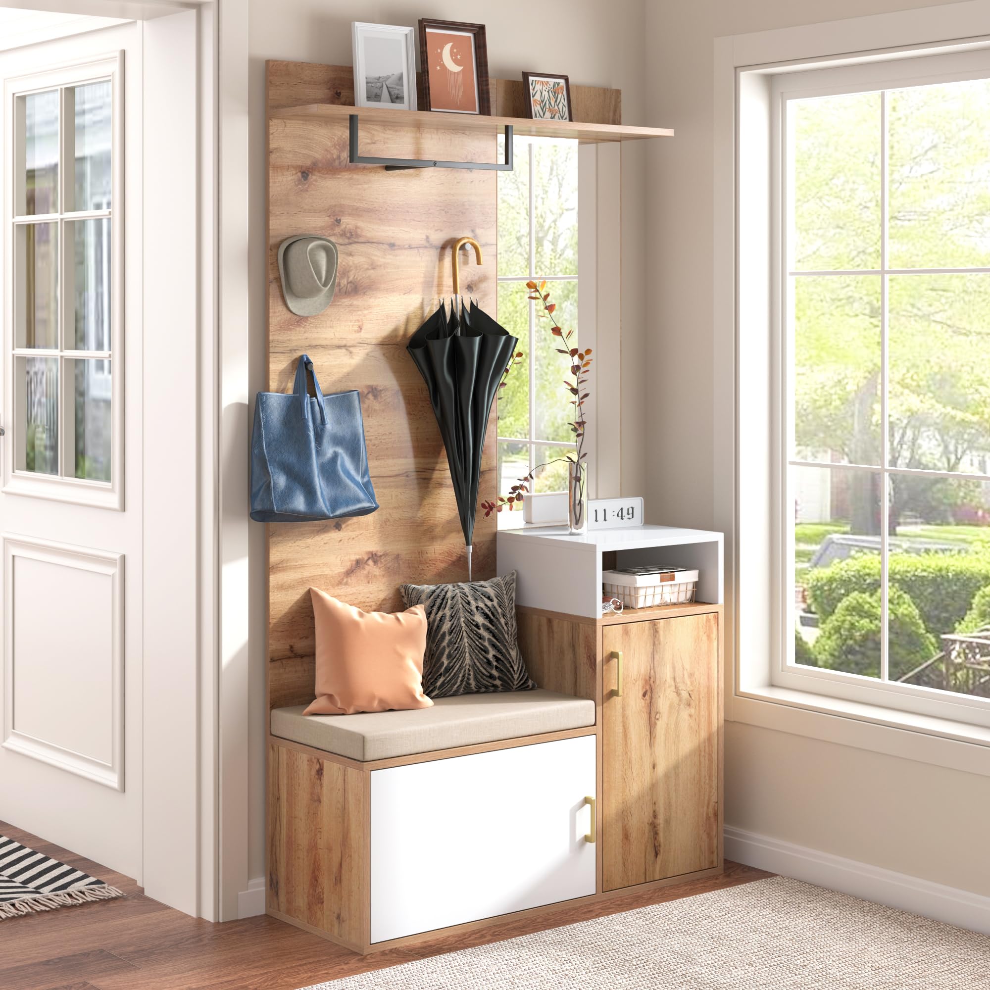 LAKFEW Juego de Perchero con Espejo, Perchero Zapatero con 4 Ganchos y 2 Puertas, Conjunto de Percheros Mueble Recibidor Entrada con Estante de Almacenamiento, 105x40x190.5 cm, Color Madera+Blanco