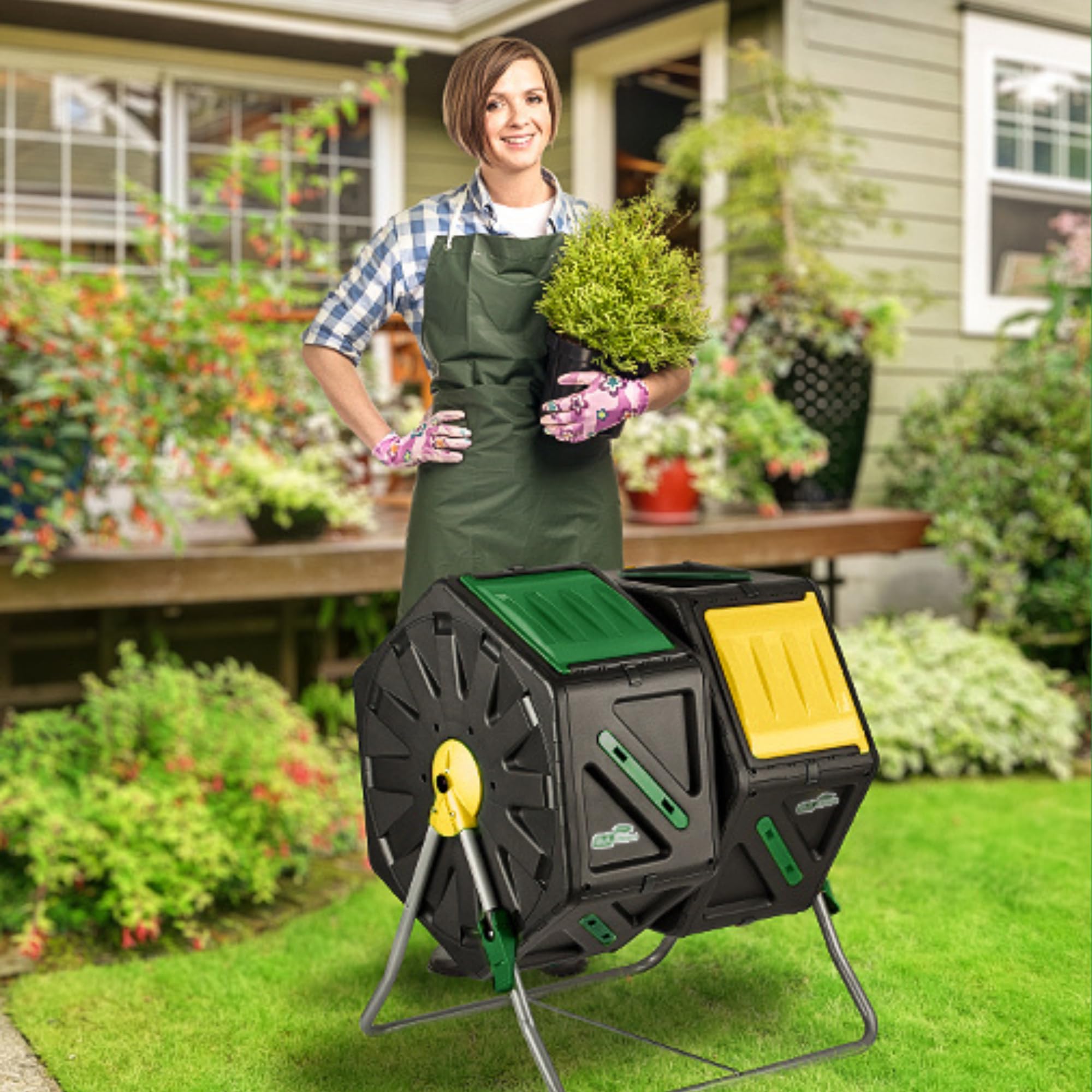 DF OMER Contenedor Doble Cámara para Abono – con Sistema Easy Turn 2 Puertas Corredizas, Marco De Acero Resistente - Sin BPA, con Protección UV (70L / 18.5 GAL)