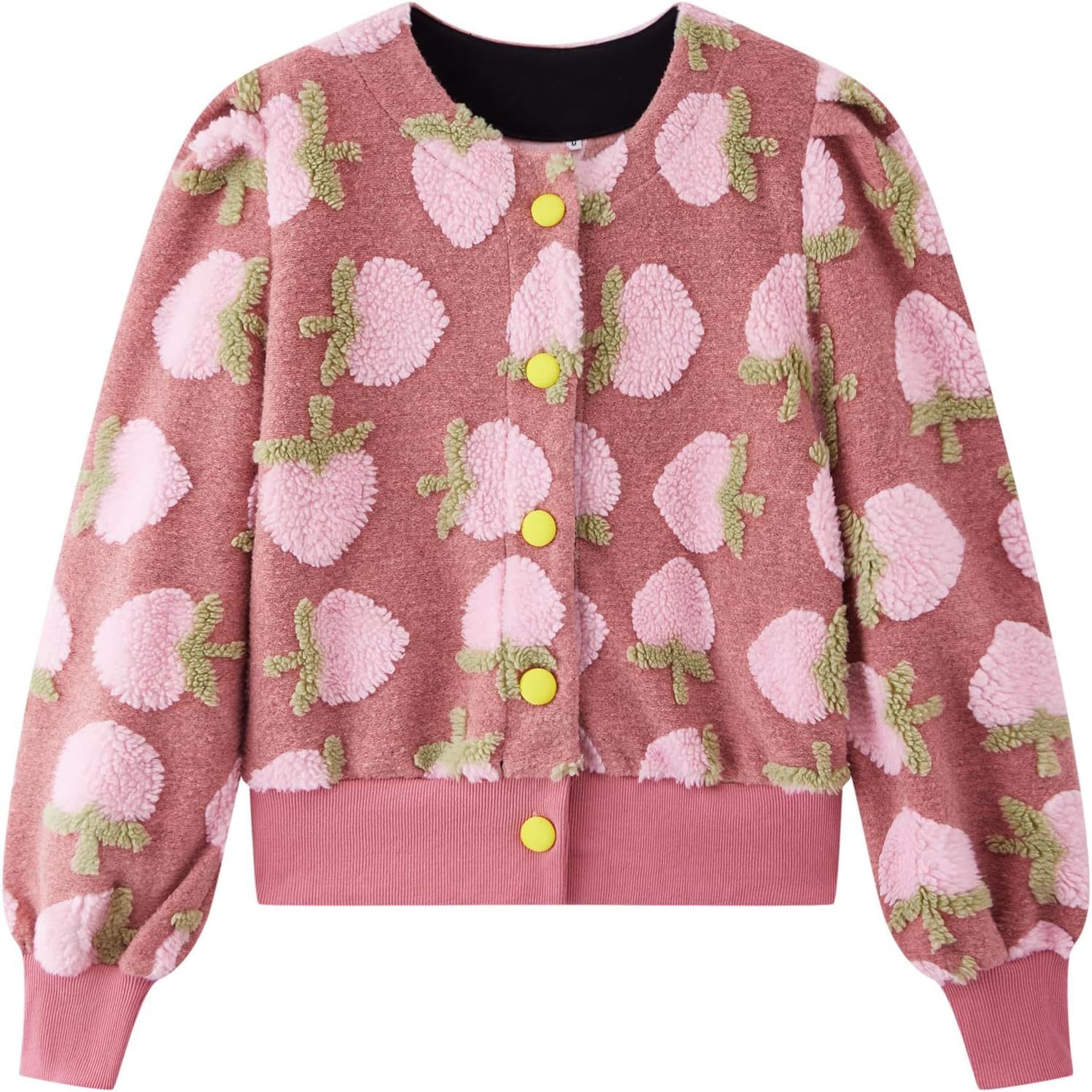 HOULENGS Women's Cropped Floral Print Fleece Bomber Jacket Casual Puff Sleeve Button Down Coats Winter Warm Outerwears