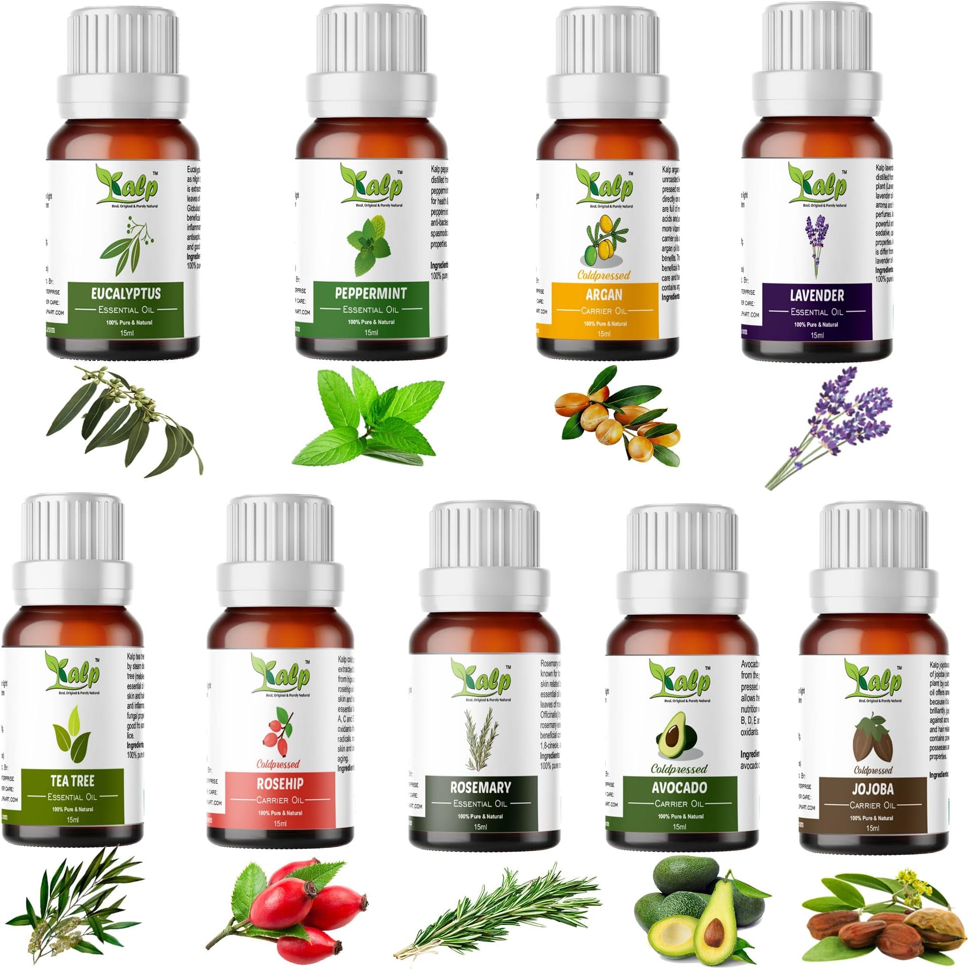 Kalp® Pack of 9 Oils -15ml Each 5 essential oils -Eucalyptus essential oil, Lavender essential oil, Peppermint essential oil, Rosemary essential oil & Tea tree essential oil 4 Carreir Oils Argan oil, Avocad oil, Jojoba oil& Rosehip oil 100% natural & pure for hair, skin & face