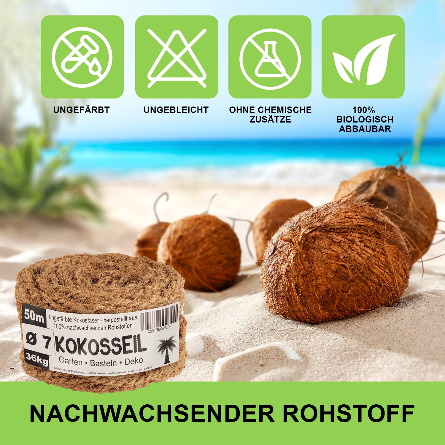 Kokosseil Bundle – 3x 7mm und 1x 4,5mm x 50m Kokosstrick für Bäume Kokosfaserschnur Baumbinder Kokosseil für Bäume unbehandeltes Kokosband Gräser zusammenbinden