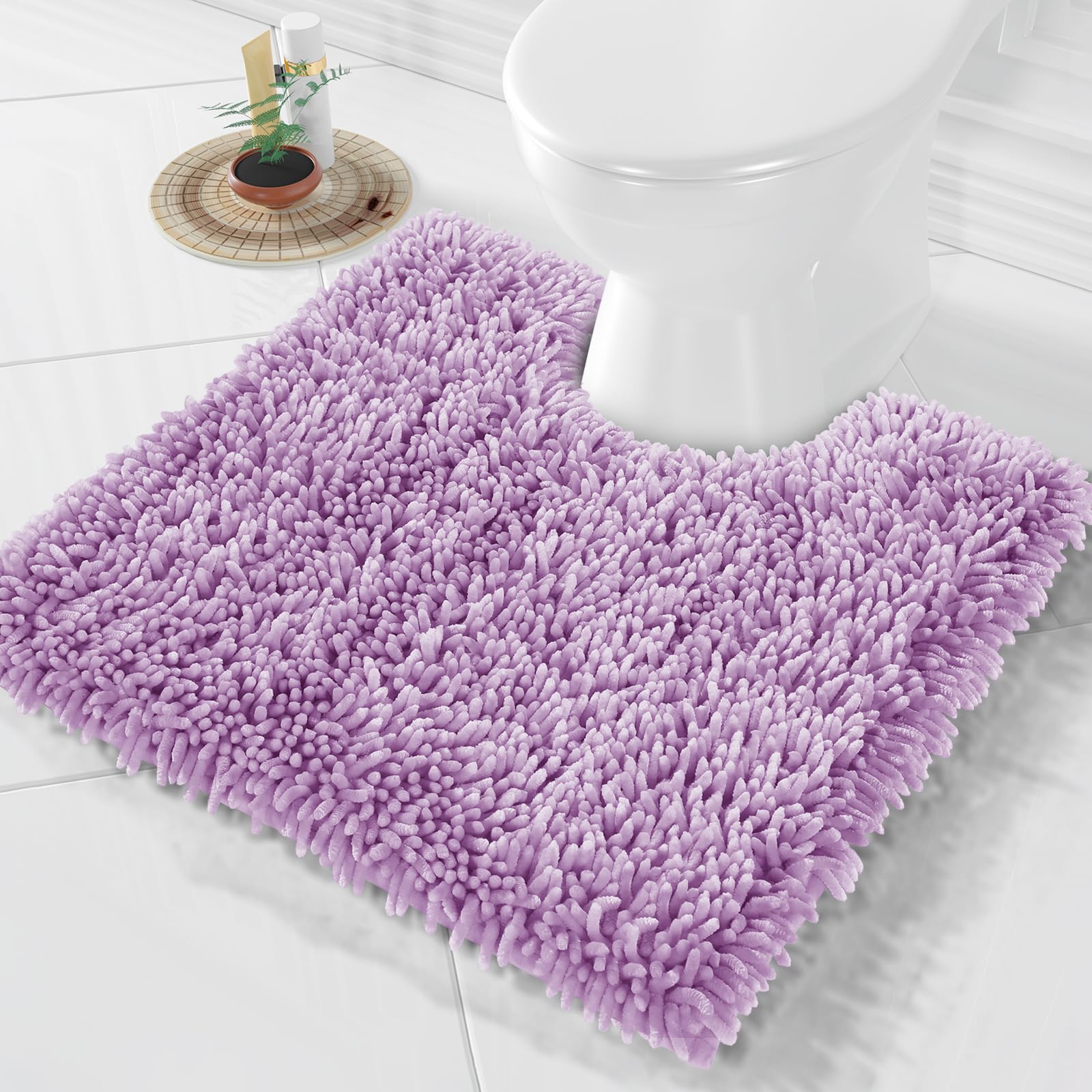 Yimobra Toilet Rugs U Shaped Washable, Extra Thick Soft Absorbent Chenille Contour Bathroom Rugs for Toilet 24x24 Inch, Quick Dry Non Slip Toilet Mat for Bath Floor, Lilac