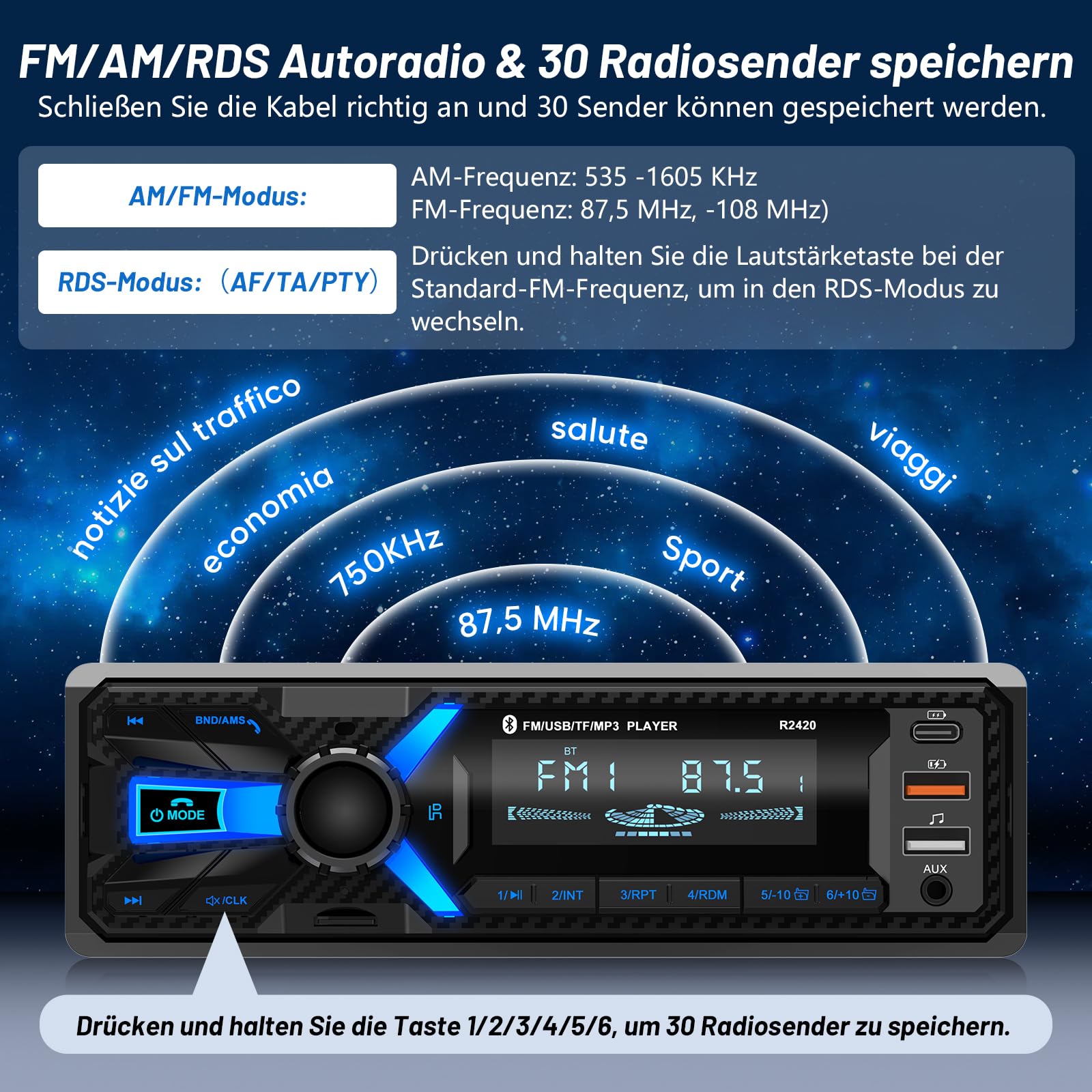 RDS Autoradio Bluetooth mit Typ-C-Ladeanschluss, Wistrue FM/AM Autoradio 1DIN Unterstützt 2USB/AUX/SD/TF/EQ/DSP/MP3 Player