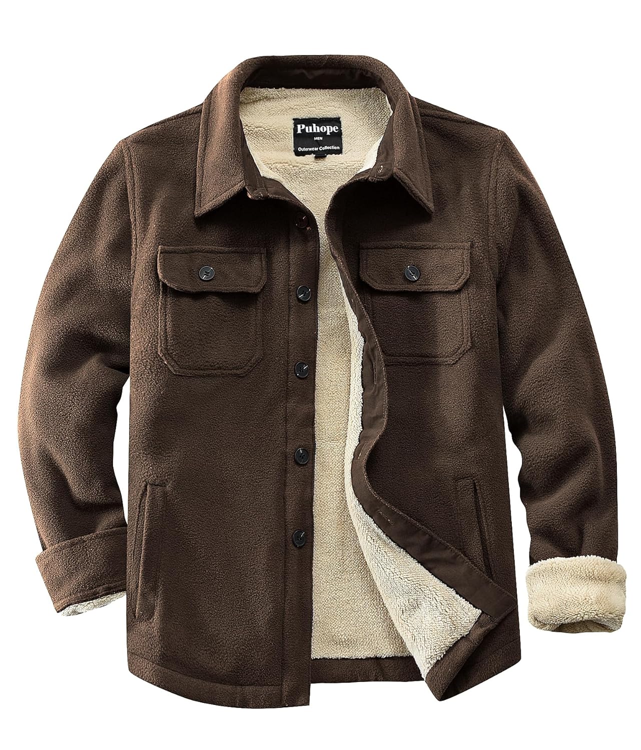 Puhope Jaqueta masculina de lã polar com forro de sherpa quente para homens, jaqueta grossa de botões com vários bolsos