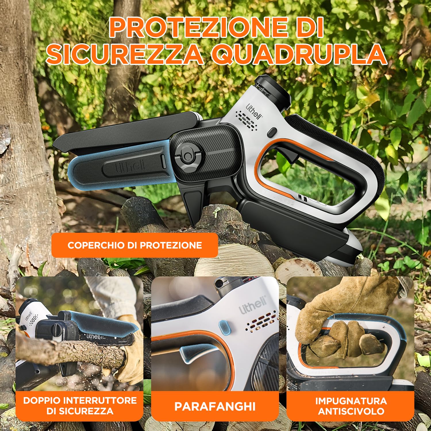 Litheli Mini Motosega a Batteria 10000 mAh, 20V, 15CM Sega a Batteria per Potatura, Brushless Mini Motosega Elettrica, Lubrificazione Automatica, Blocco di Sicurezza per il Taglio del Legno e Giardini
