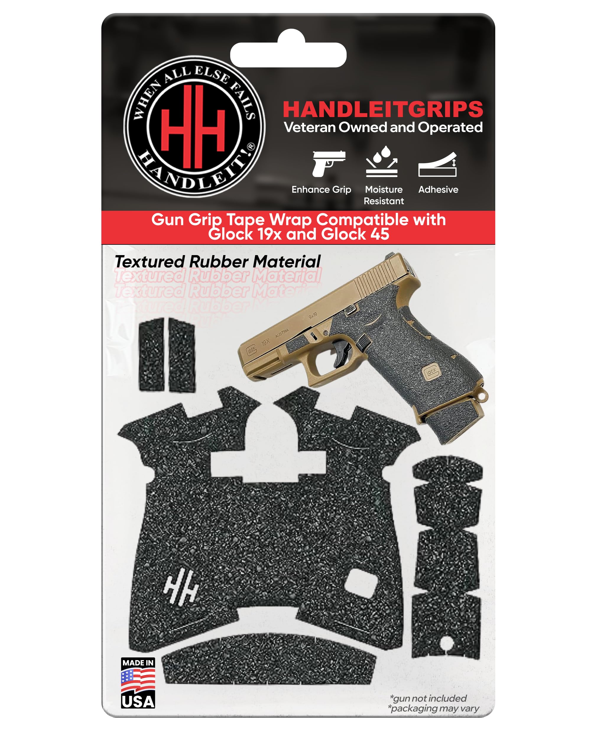 Handleitgrips Handgun Grip Tape Compatible with Glock 19x and Glock 45 - Black Textured Rubber Pistol Grip Tape, Easy Installation, Gun Parts & Accessories, Veteran Owned, Made in The USA