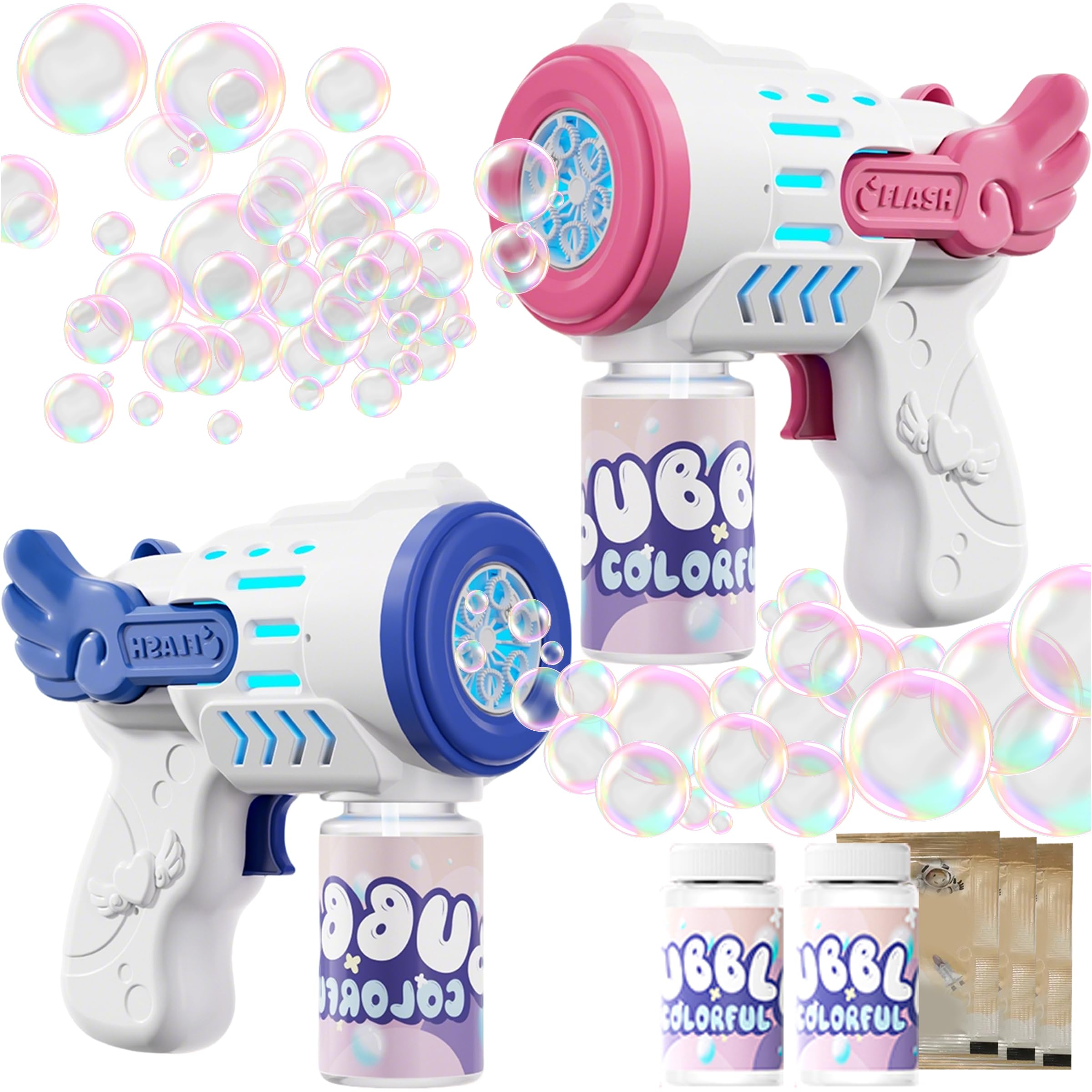 PICKSMOCUB 2-Pack Light Up Bubble Makers for Kids Automatic Bubble Machine with Angel Wings 10 Bubble Refills and Solution Outdoor Summer Toys for Boys Girls Birthday Party Gift
