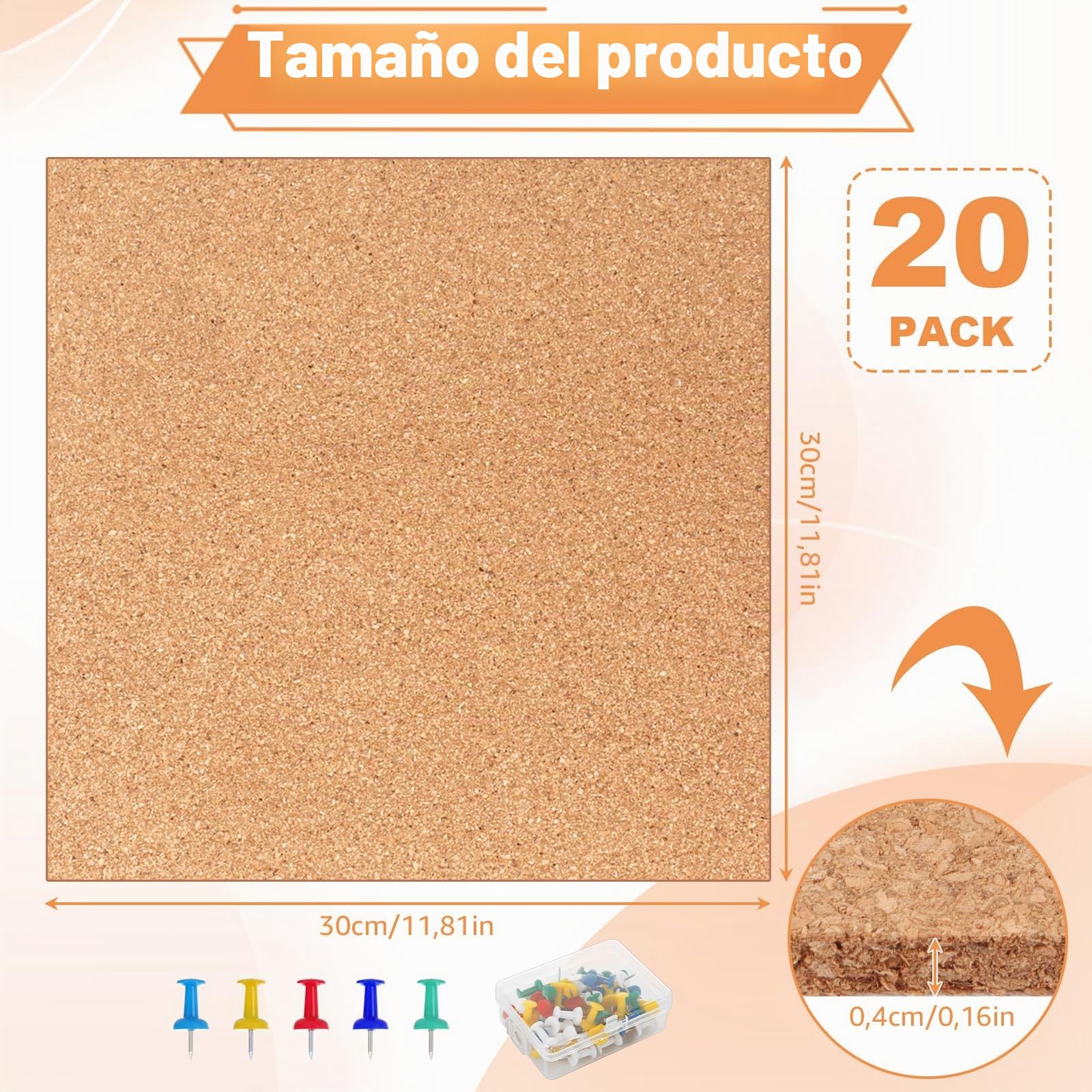 Tablero Corcho sin Adhesivo 30x30 cm, 20 Piezas Autoadhesivo Pared con 60 Chinchetas para Fotos Notas