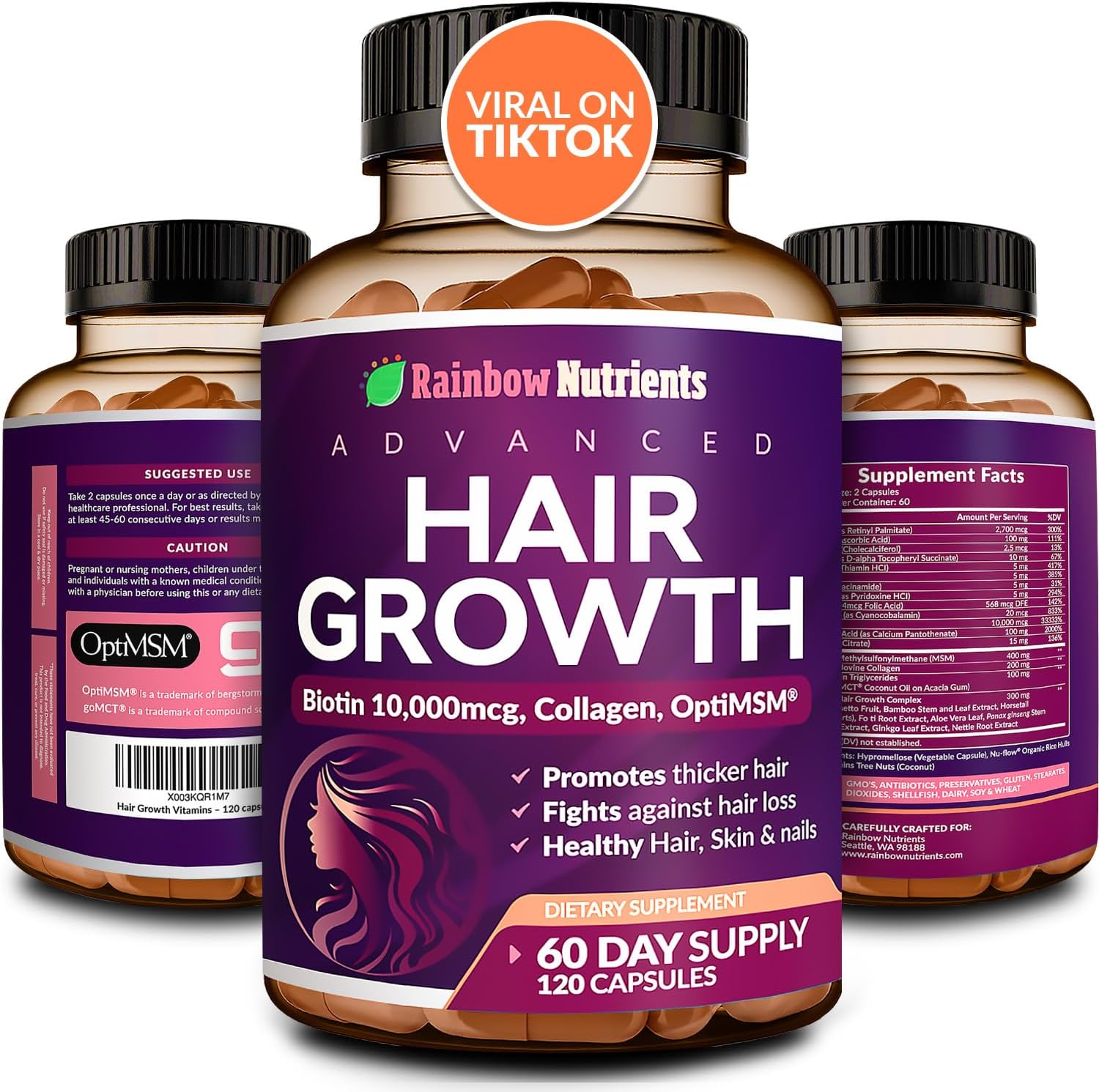 Hair Growth Vitamins for Women | Biotin 10,000mcg, Collagen, Patented OptiMSMยฎ, goMCTยฎ, Saw Palmetto | Naturally Regrow Stronger & Healthier Hair, Skin and Nails | Stops Hair Loss | 60 Day Supply