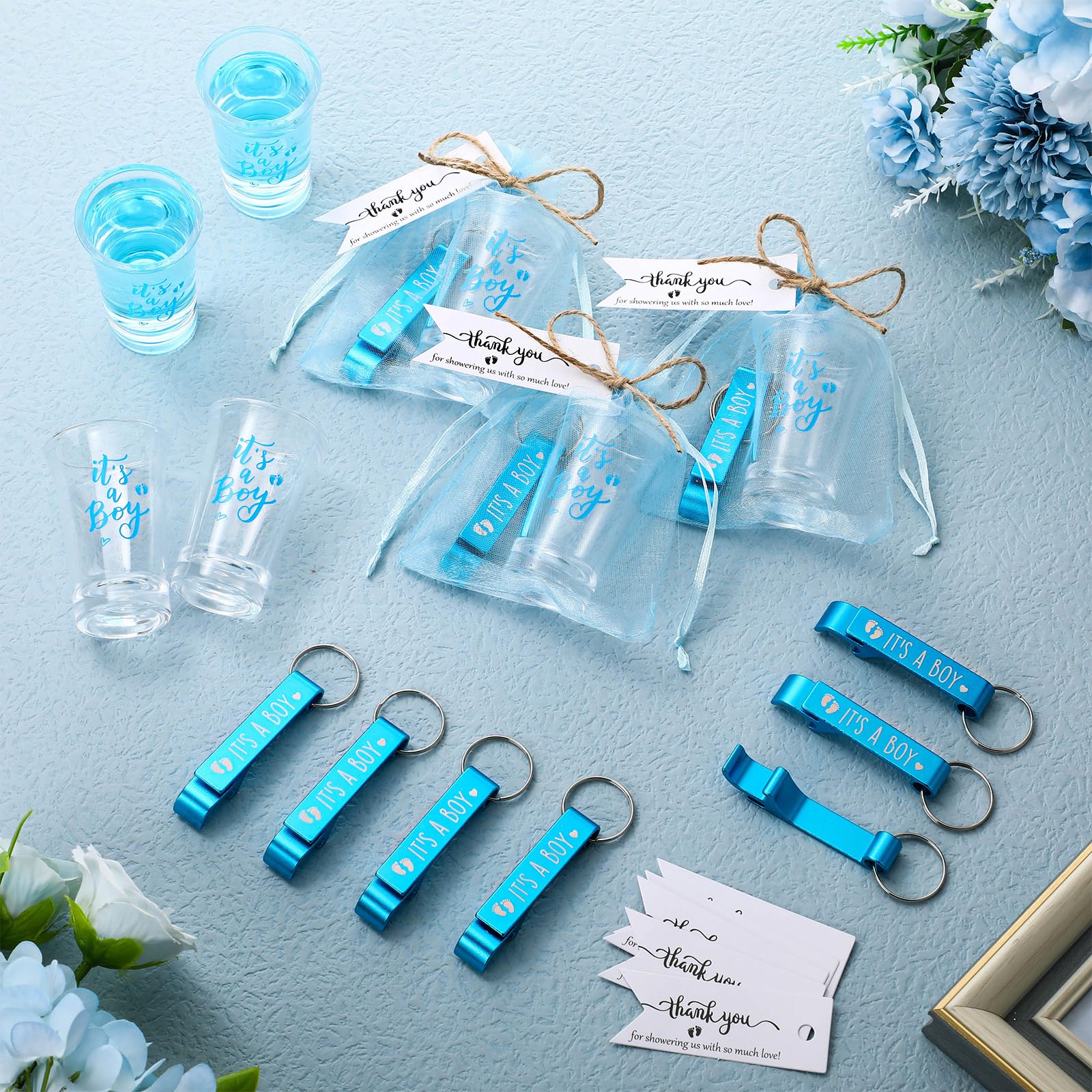 50 juegos de vasos de chupito acrílicos para baby shower con abrebotellas, llaveros, etiquetas de agradecimiento y bolsas, regalos de fiesta de revelación de género para invitados, baby