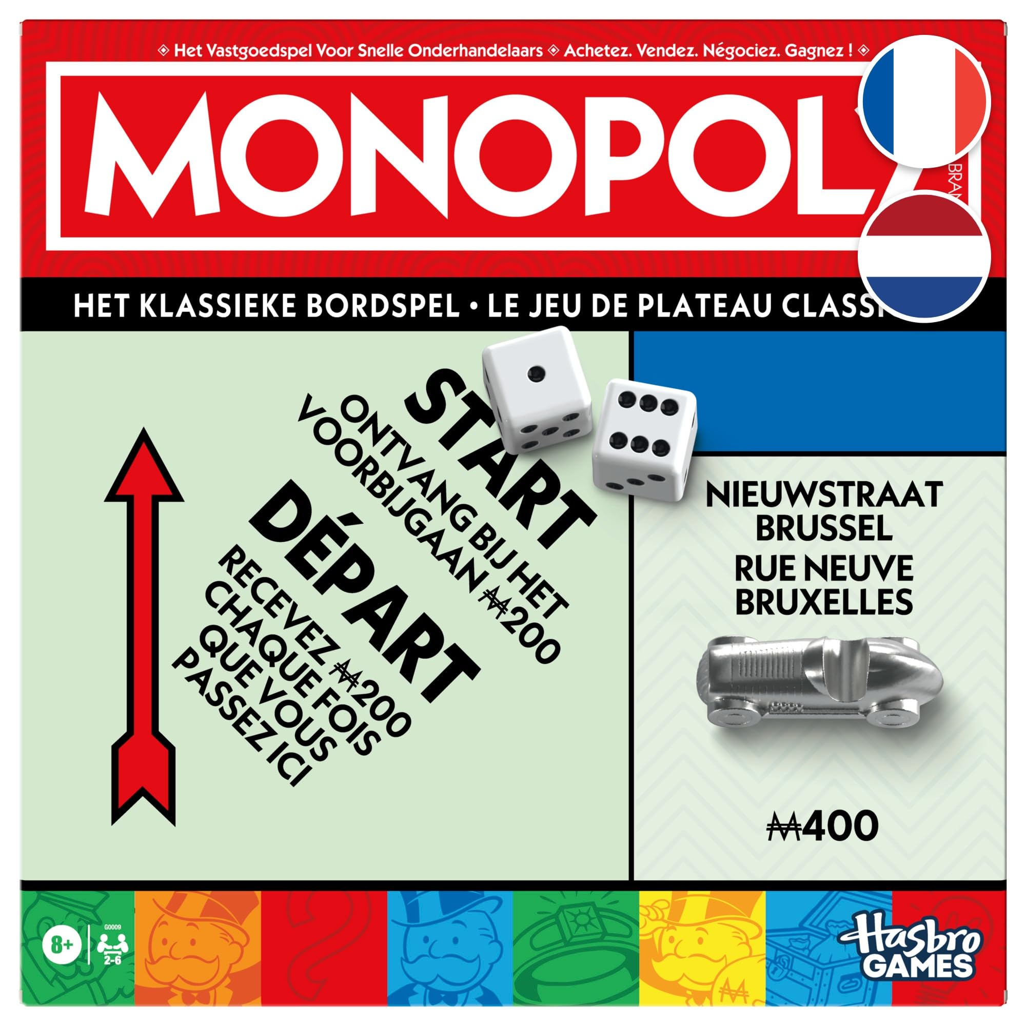 Monopoly, gra planszowa z pudełkiem do przechowywania i wielkoformatowymi pionkami - wersja francusko-holenderska